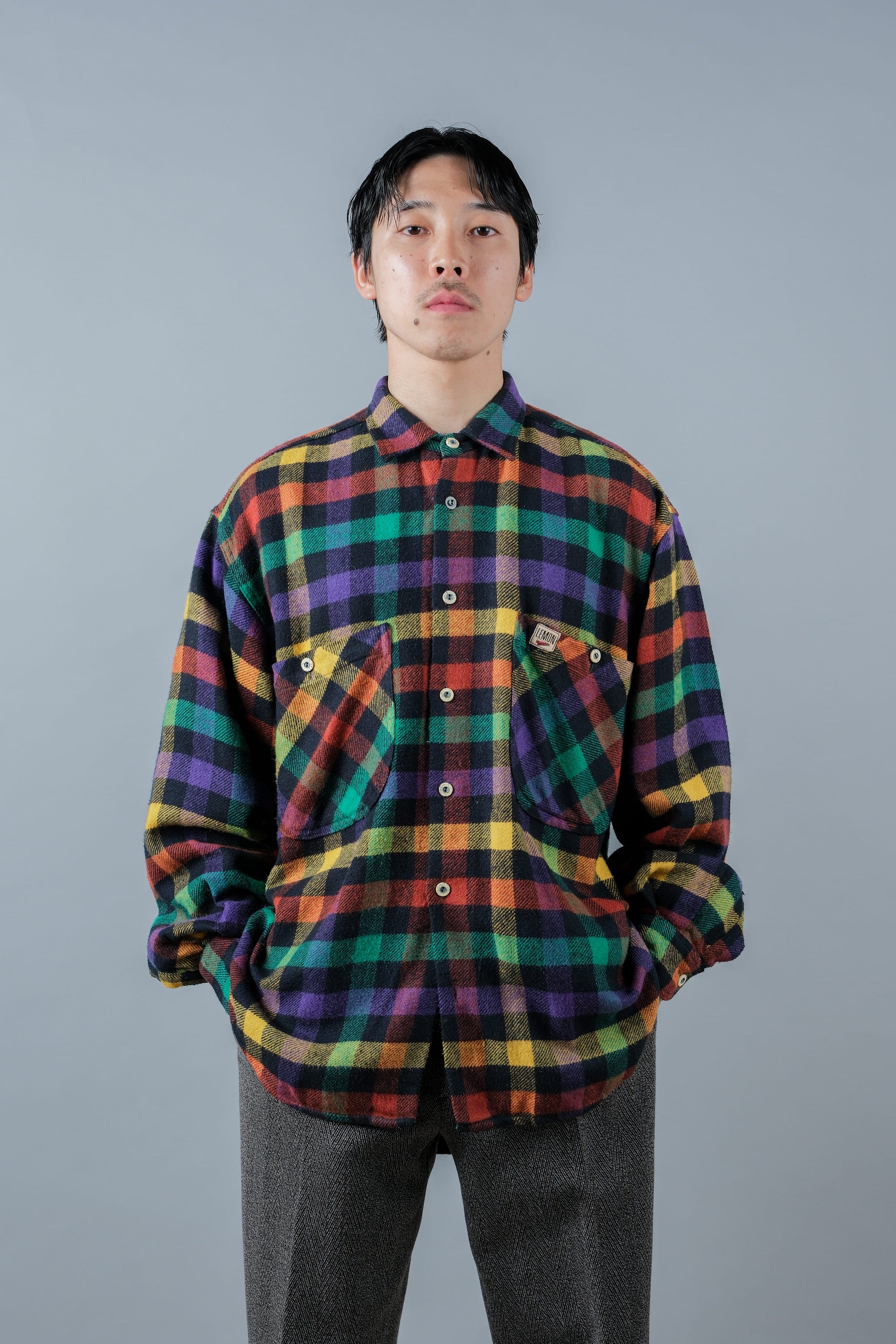 ［~80's］Italian Vintage Mixed Wool Rainbow Plaid Shirt Size.MEDIUM
