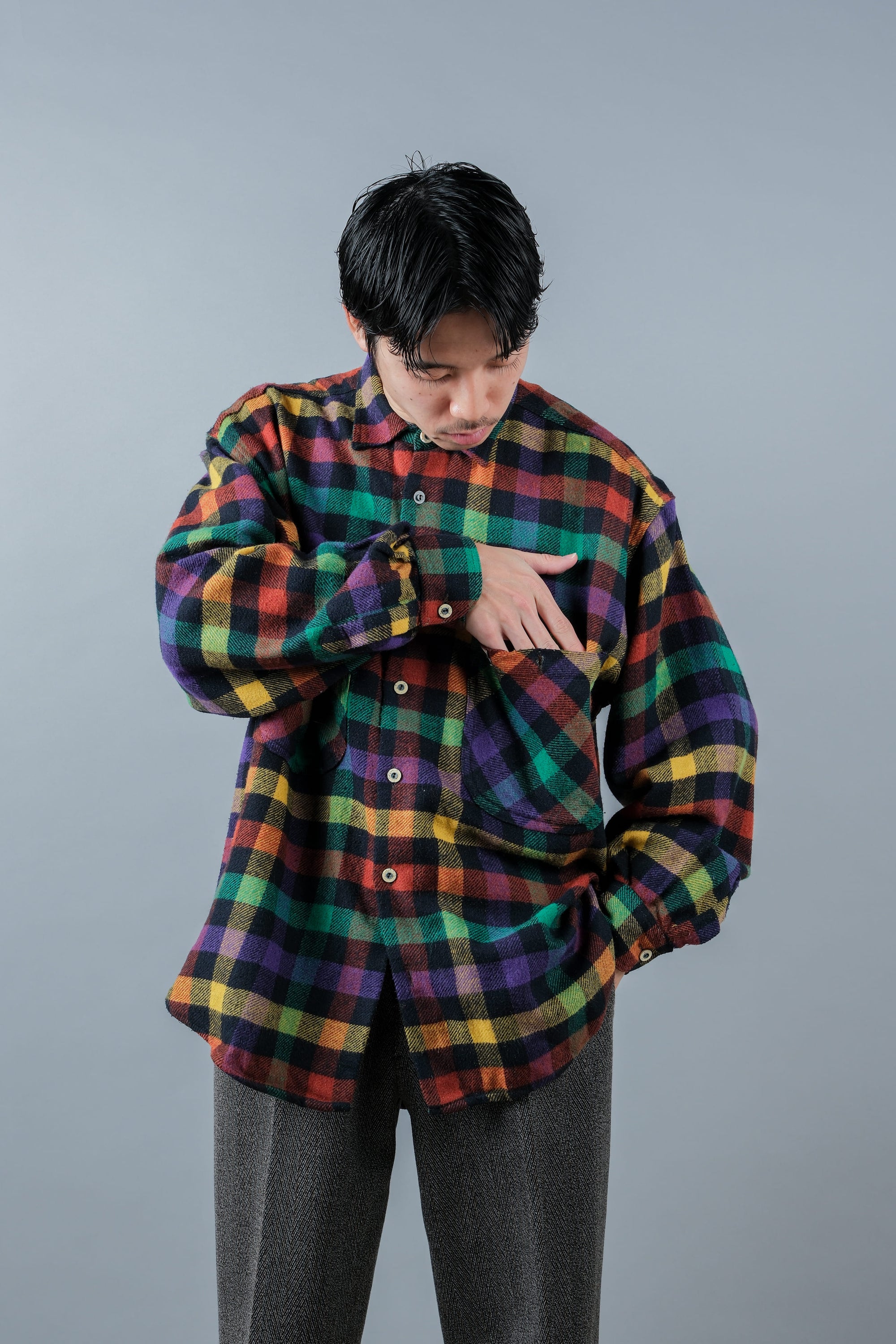 ［~80's］Italian Vintage Mixed Wool Rainbow Plaid Shirt Size.MEDIUM