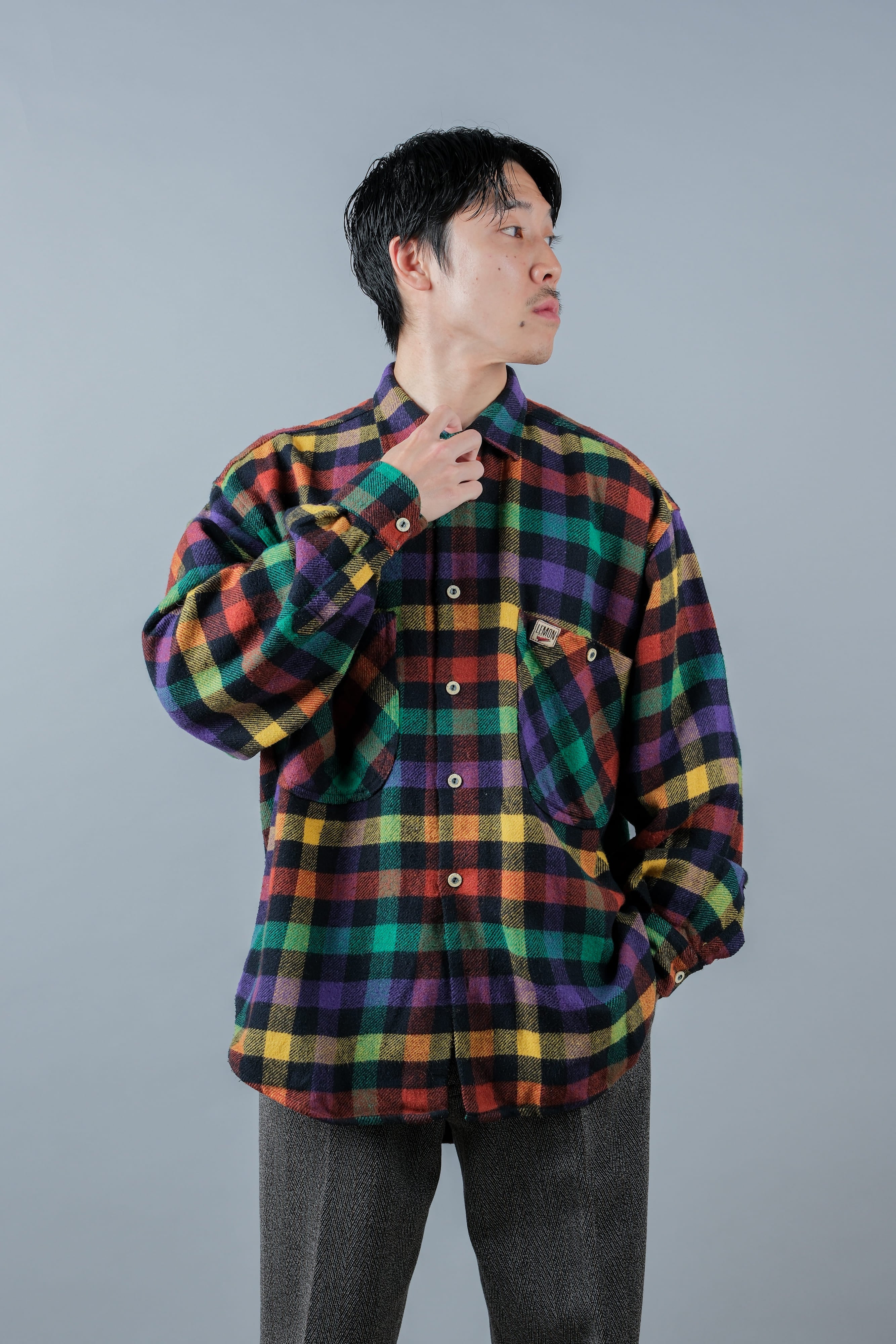 【~80's】Italian Vintage Mixed Wool Rainbow Plaid Shirt Size.MEDIUM