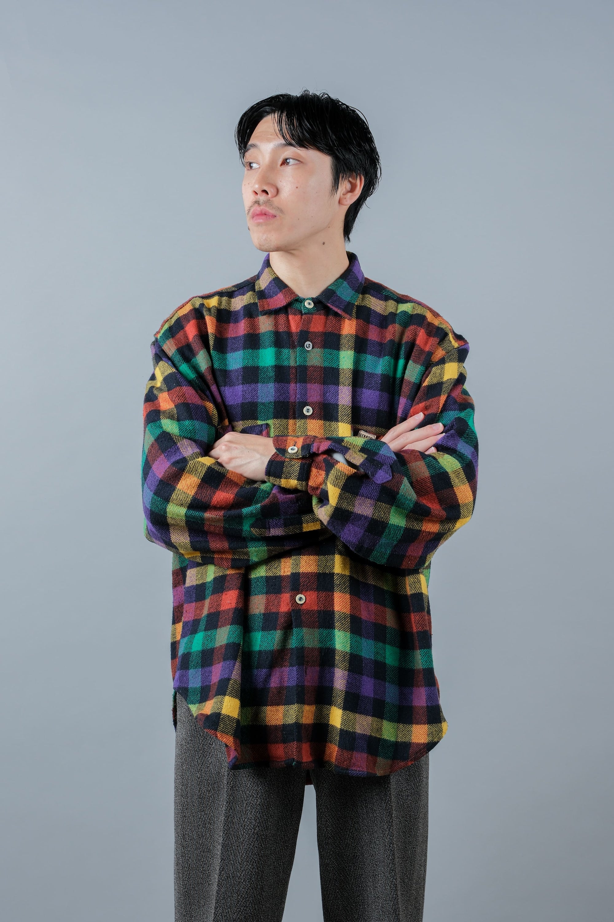 ［~80's］Italian Vintage Mixed Wool Rainbow Plaid Shirt Size.MEDIUM