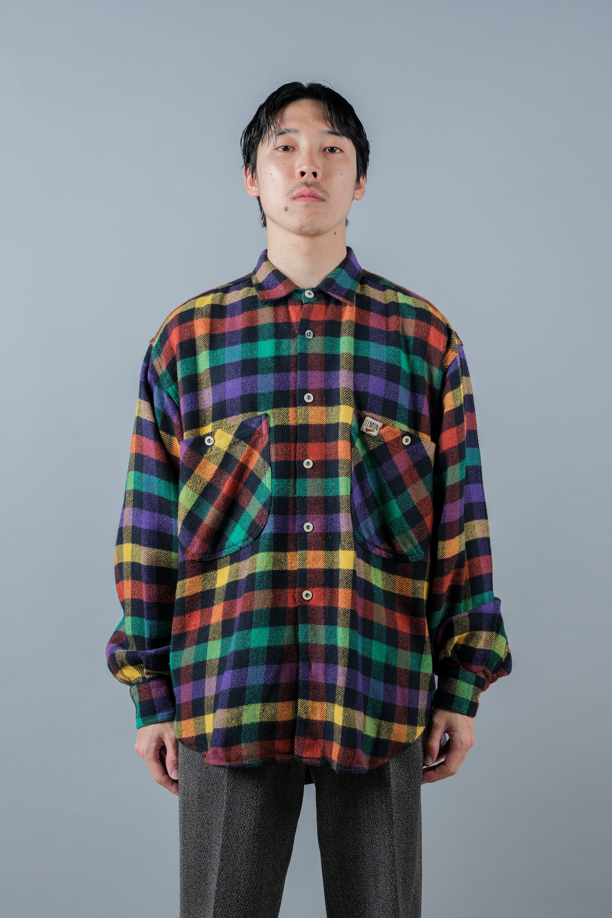 ［~80's］Italian Vintage Mixed Wool Rainbow Plaid Shirt Size.MEDIUM