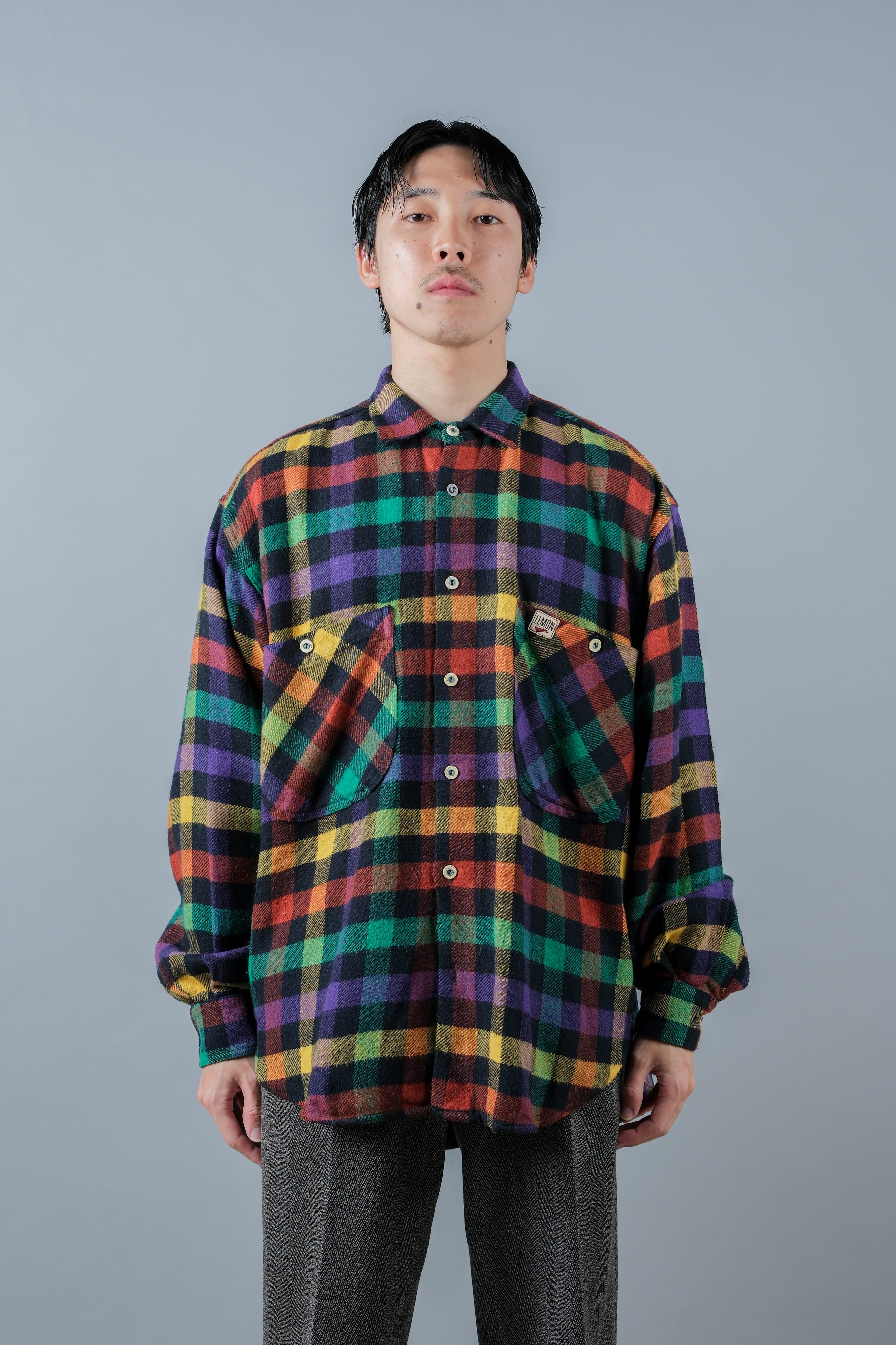 【~80's】Italian Vintage Mixed Wool Rainbow Plaid Shirt Size.MEDIUM