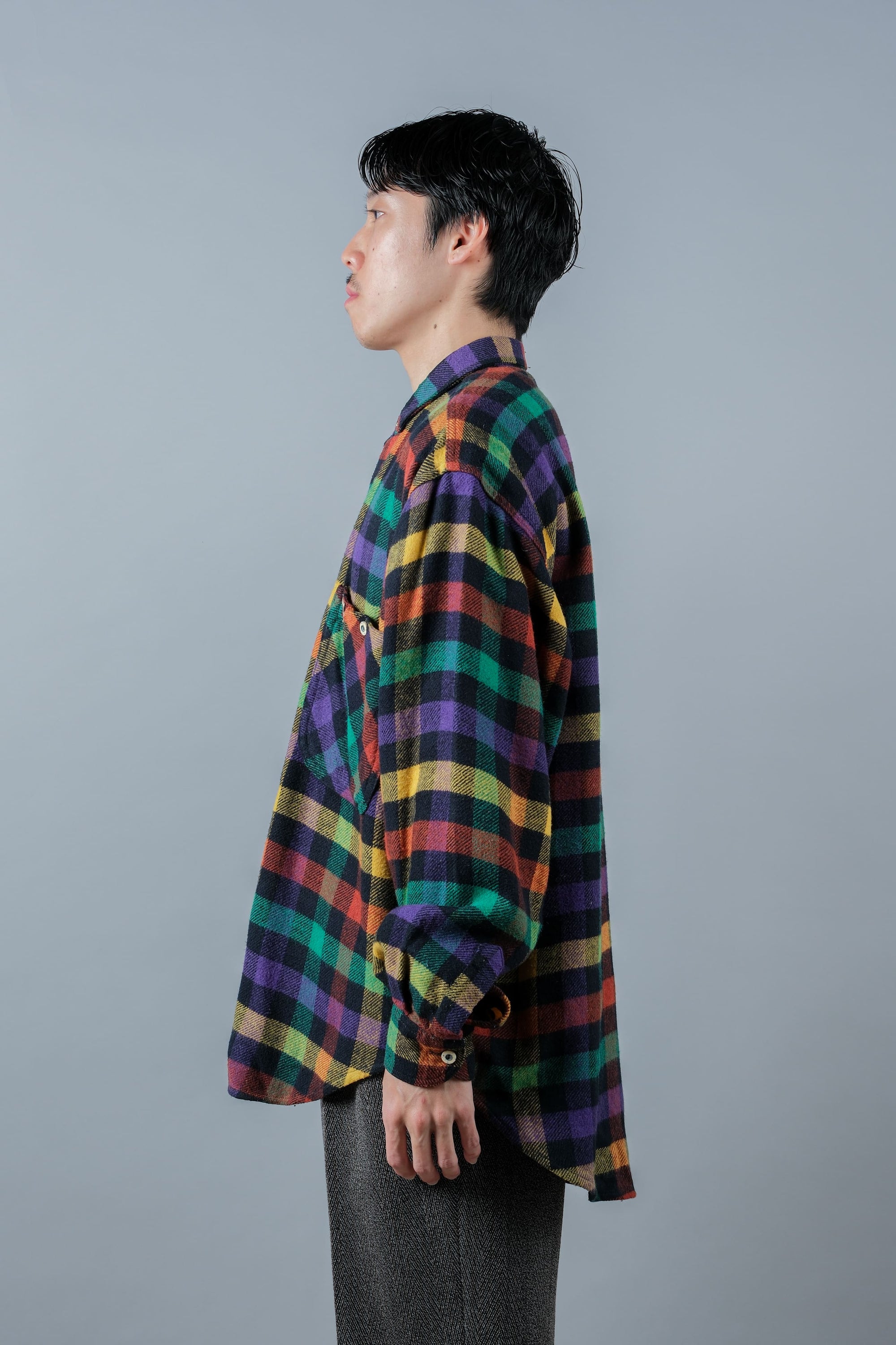 ［~80's］Italian Vintage Mixed Wool Rainbow Plaid Shirt Size.MEDIUM