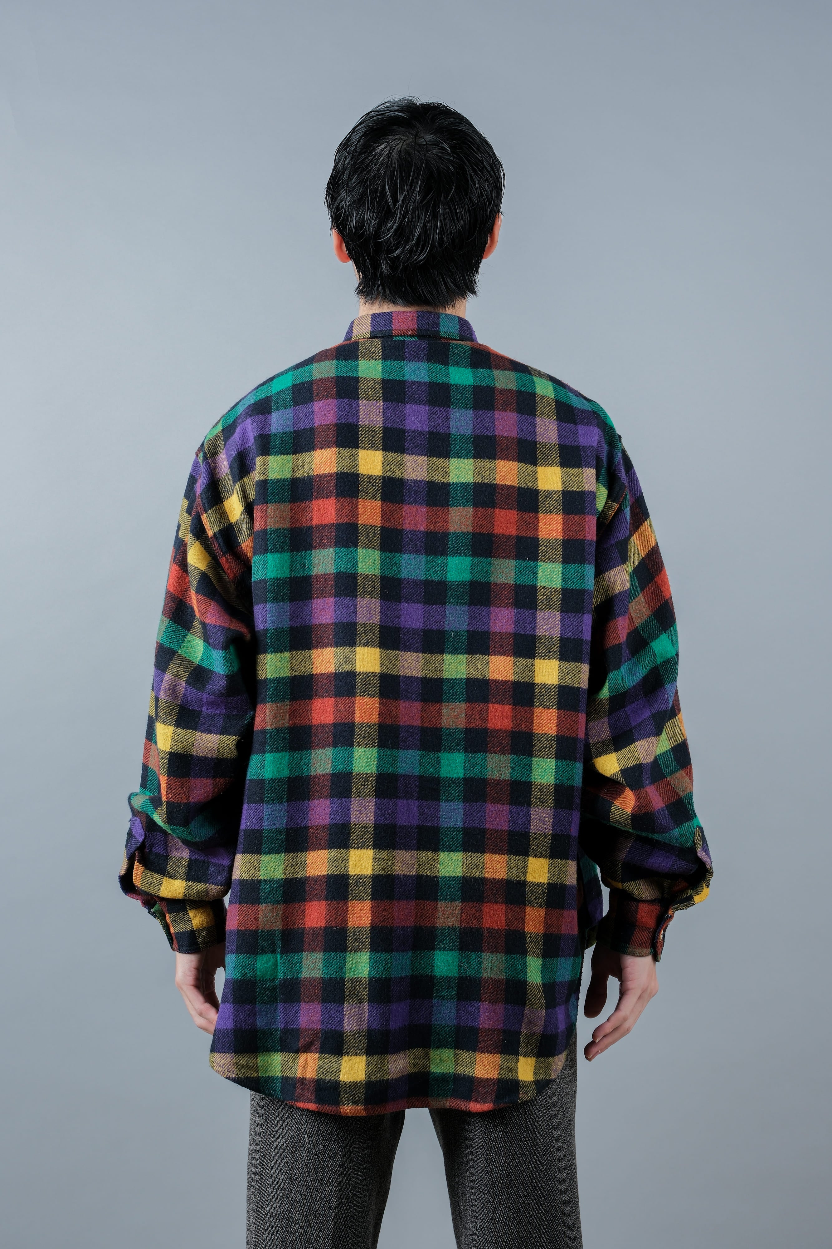 【~80's】Italian Vintage Mixed Wool Rainbow Plaid Shirt Size.MEDIUM