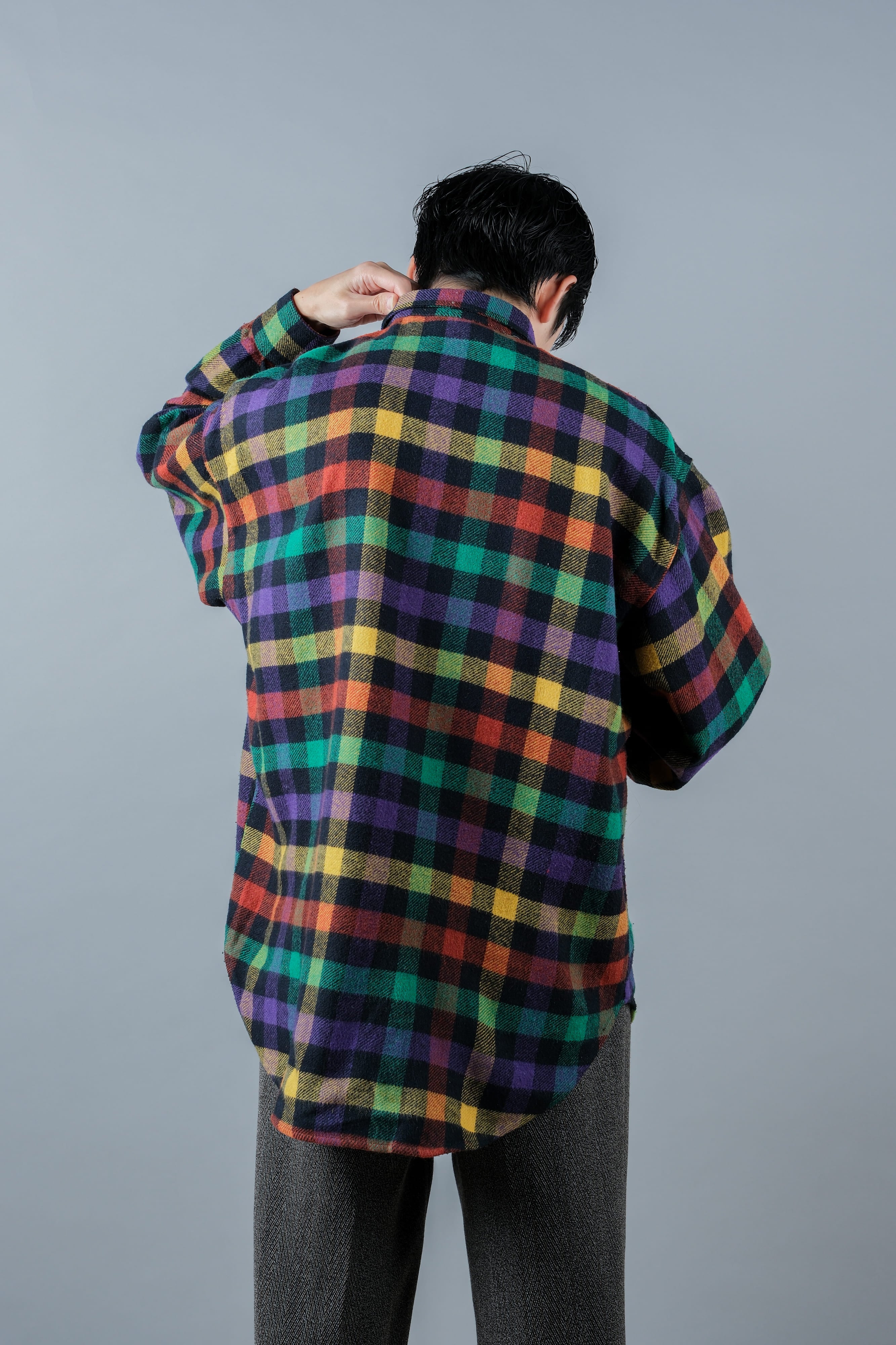 【~80's】Italian Vintage Mixed Wool Rainbow Plaid Shirt Size.MEDIUM