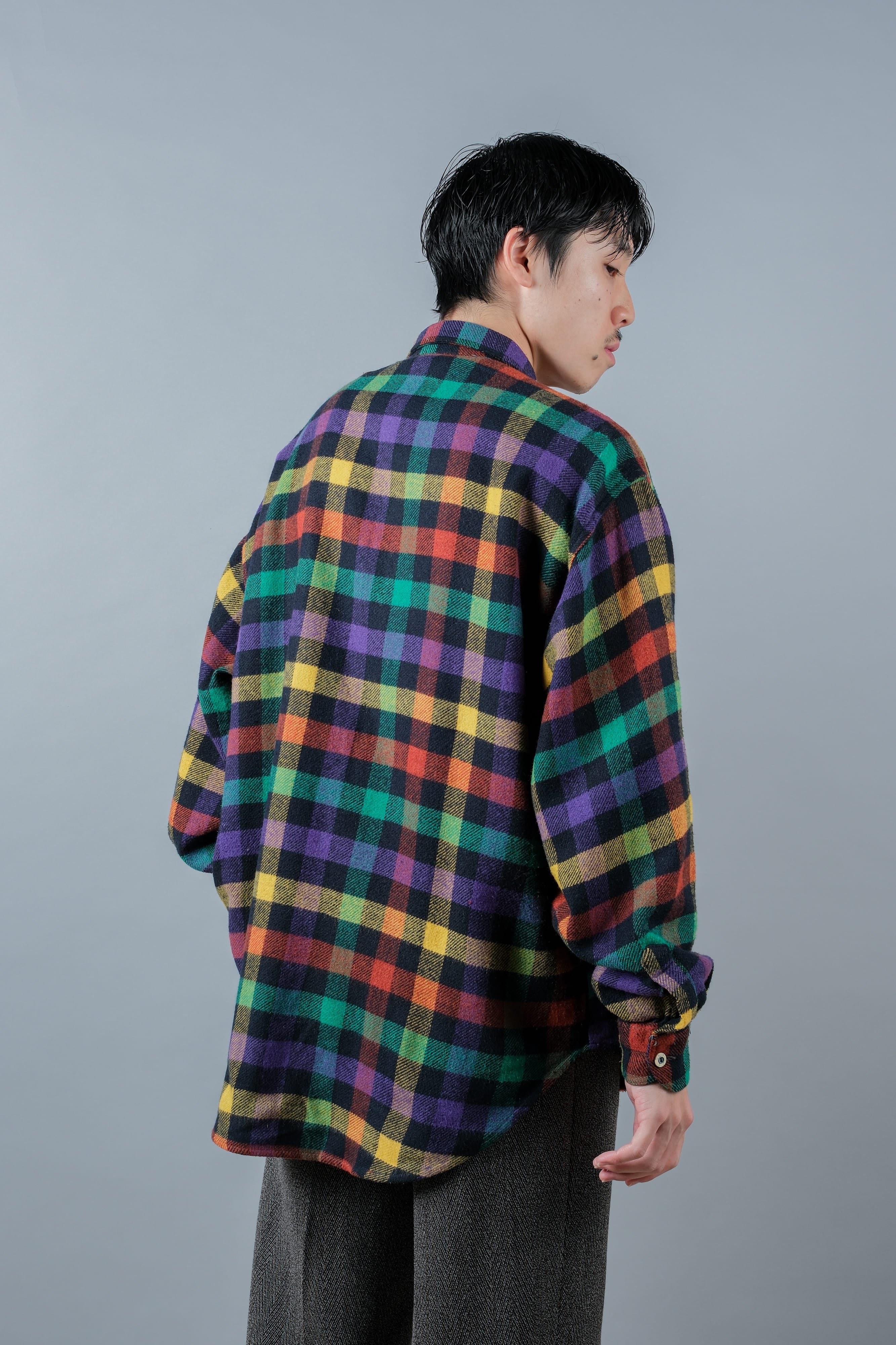 【~80's】Italian Vintage Mixed Wool Rainbow Plaid Shirt Size.MEDIUM