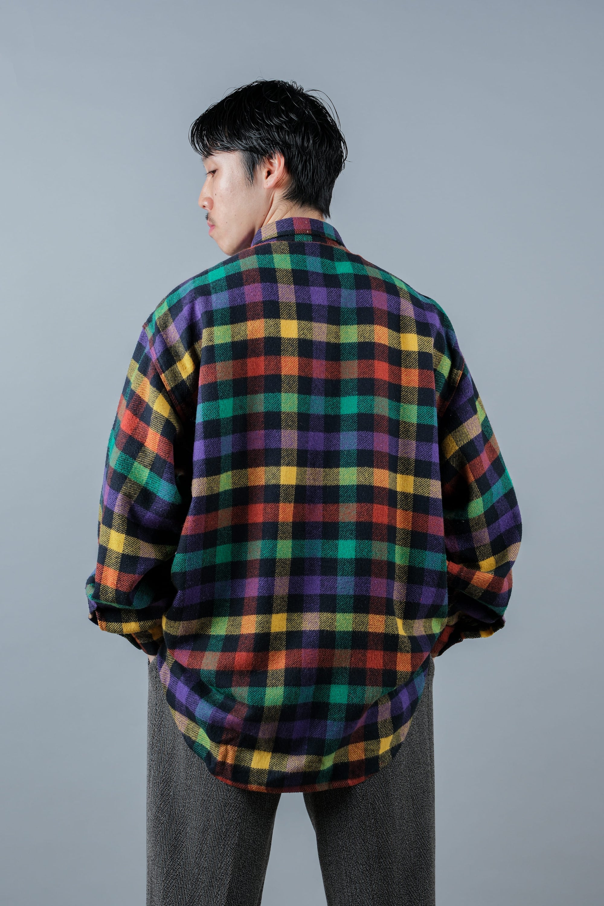 ［~80's］Italian Vintage Mixed Wool Rainbow Plaid Shirt Size.MEDIUM