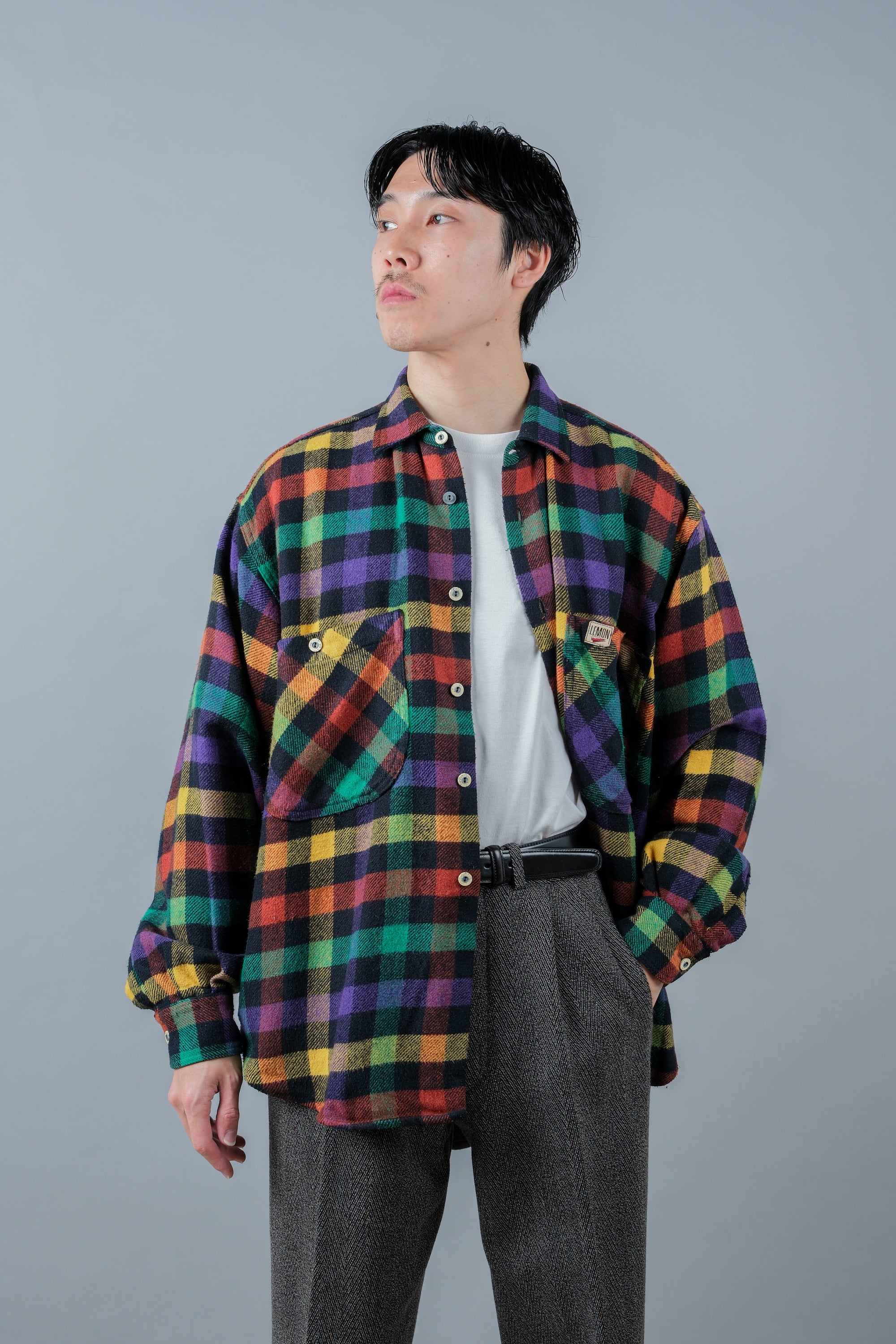 ［~80's］Italian Vintage Mixed Wool Rainbow Plaid Shirt Size.MEDIUM
