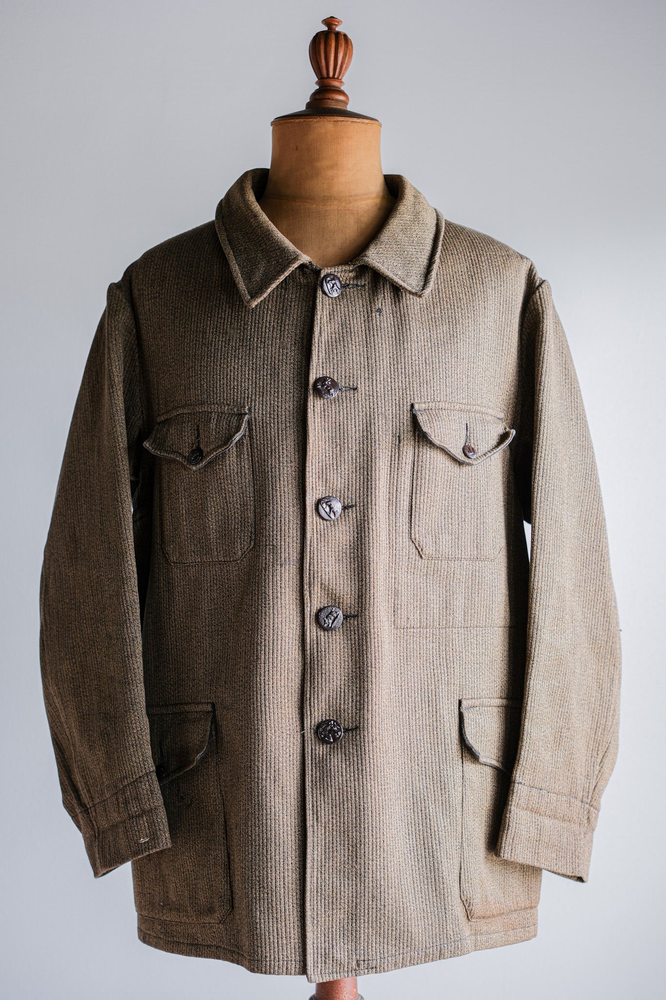 【~60's】French Vintage Brown Salt & Pepper Cotton Pique Hunting Jacket With Chin Strap