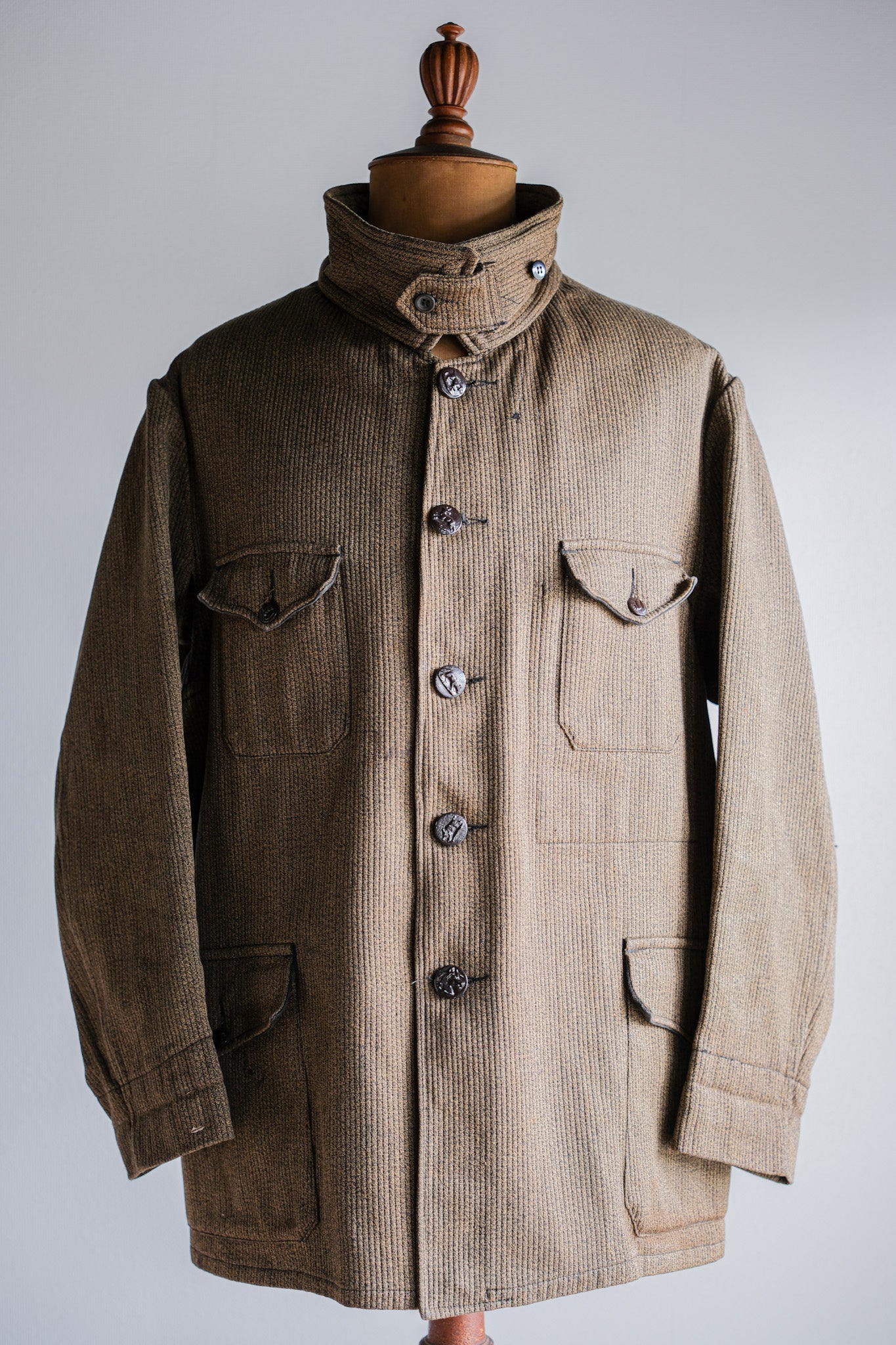 ［~60's］French Vintage Brown Salt & Pepper Cotton Pique Hunting Jacket With Chin Strap