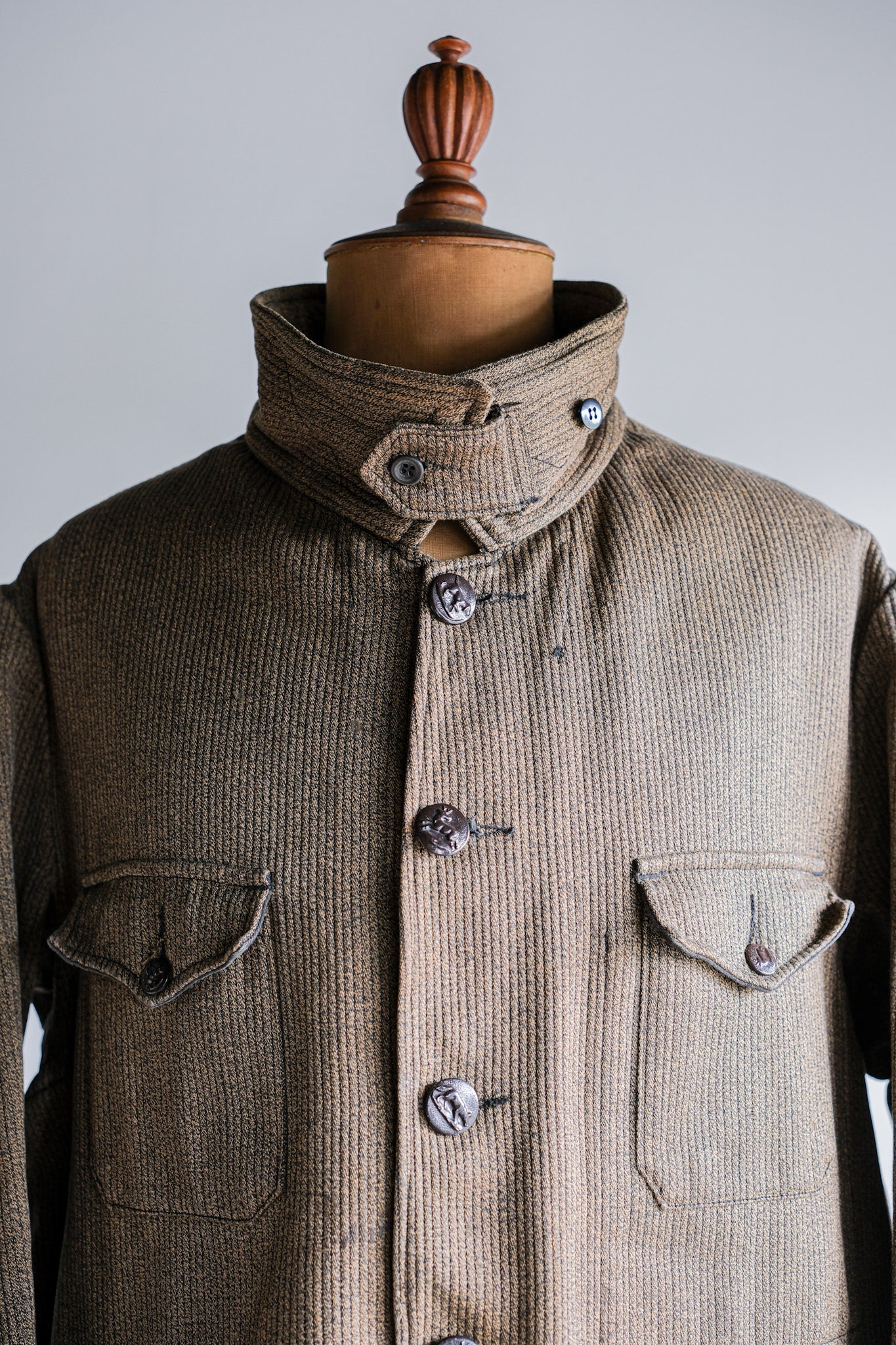 【~60's】French Vintage Brown Salt & Pepper Cotton Pique Hunting Jacket With Chin Strap