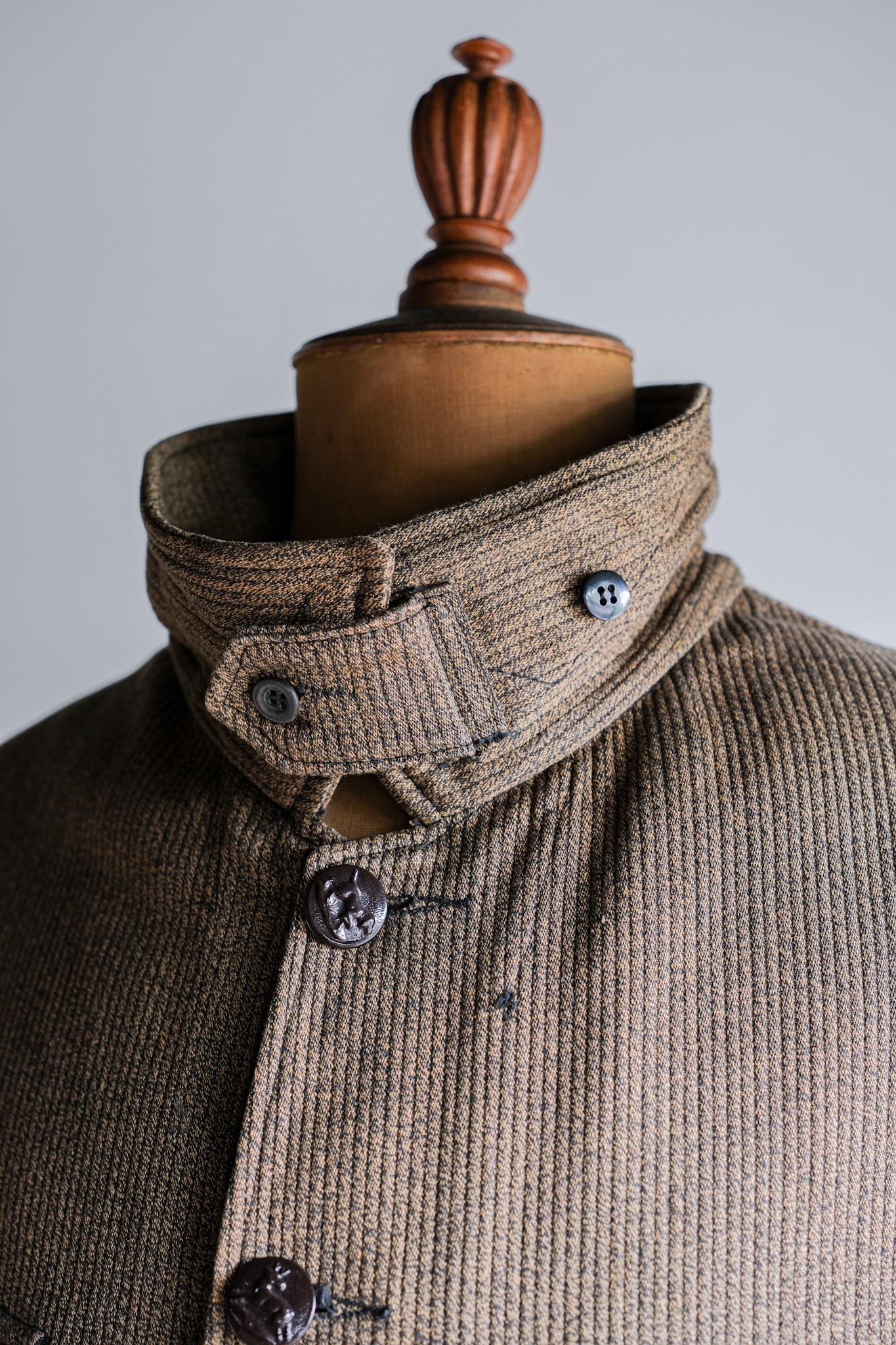 ［~60's］French Vintage Brown Salt & Pepper Cotton Pique Hunting Jacket With Chin Strap