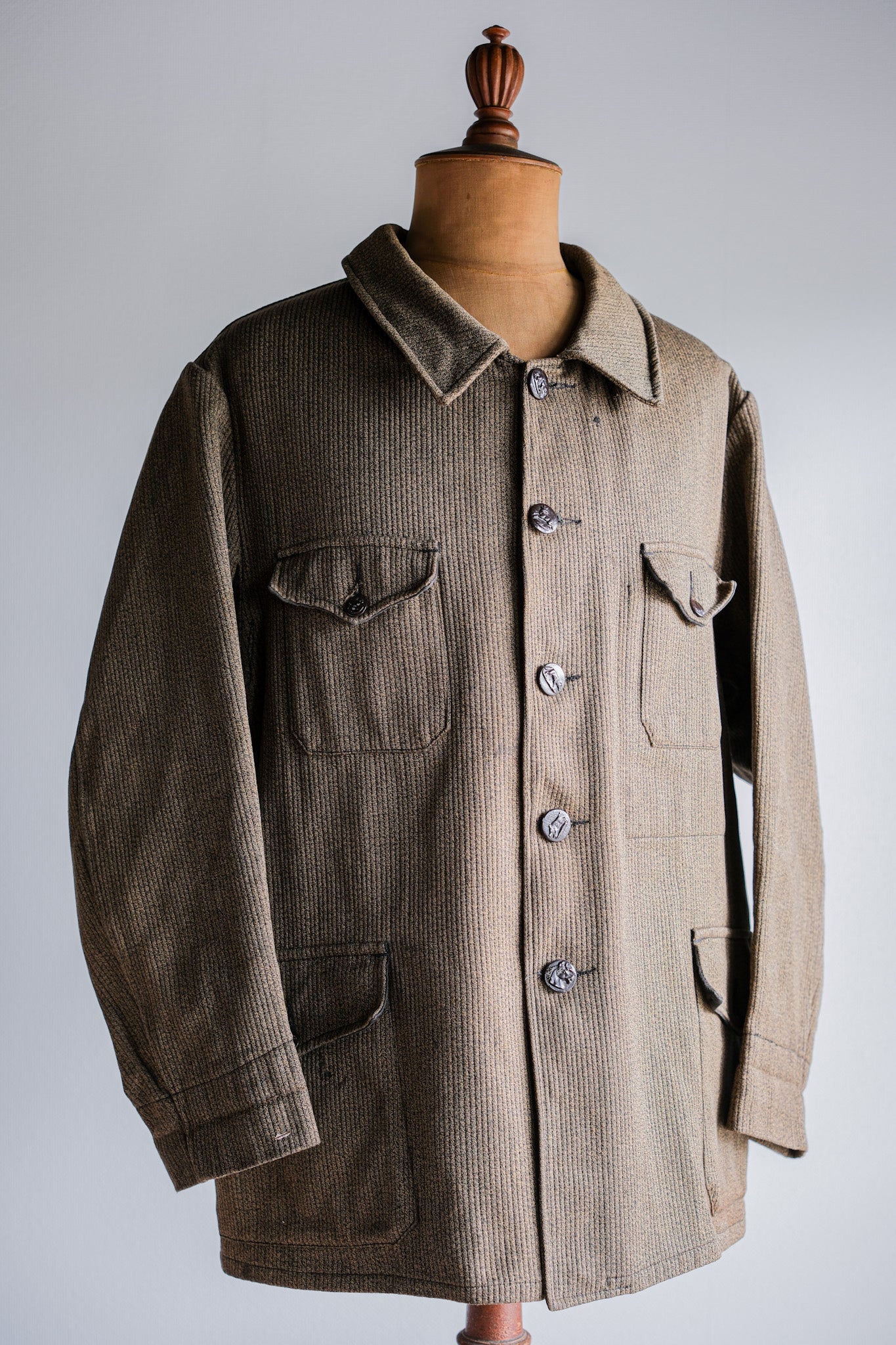 ［~60's］French Vintage Brown Salt & Pepper Cotton Pique Hunting Jacket With Chin Strap