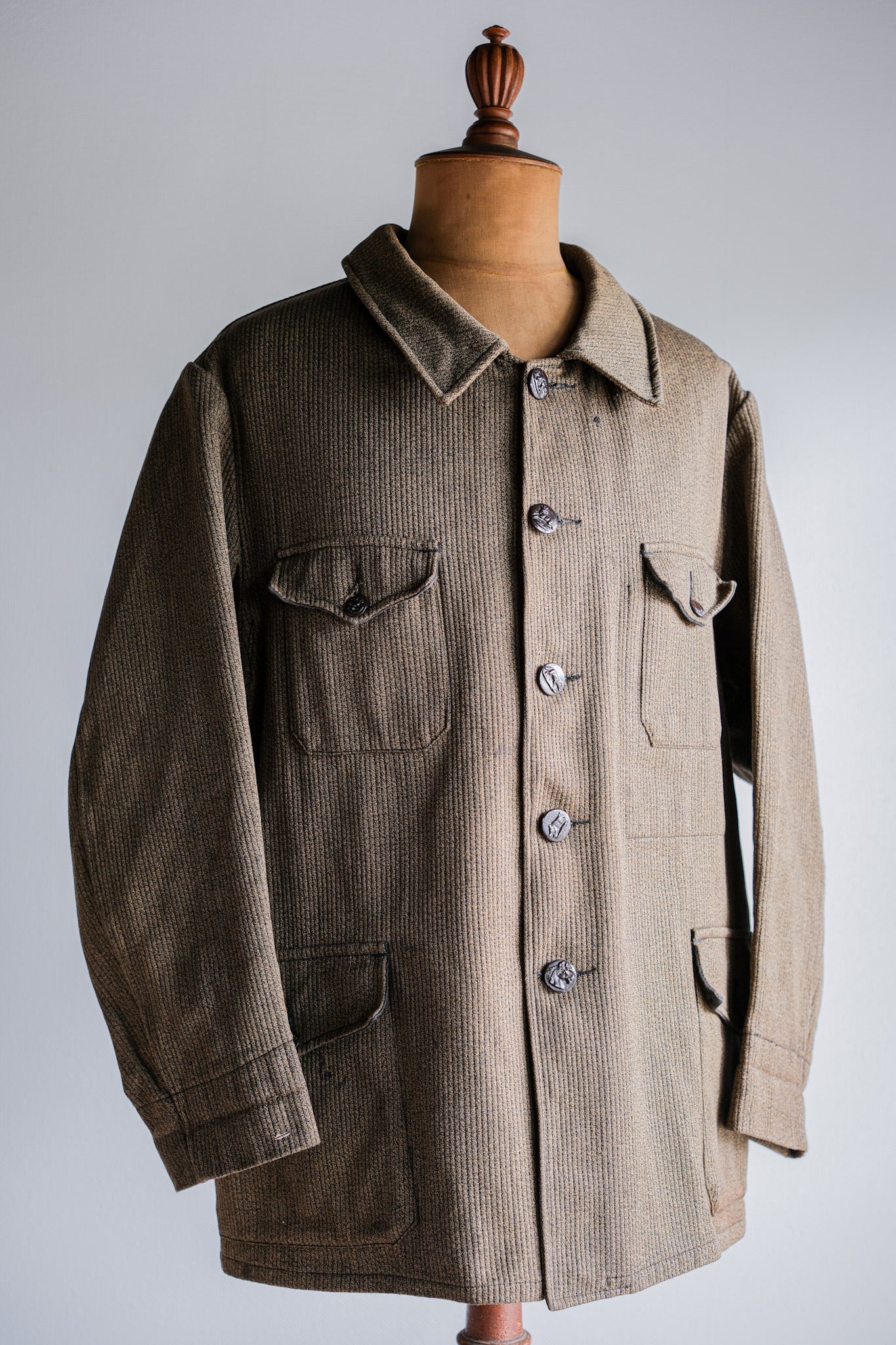 【~60's】French Vintage Brown Salt & Pepper Cotton Pique Hunting Jacket With Chin Strap