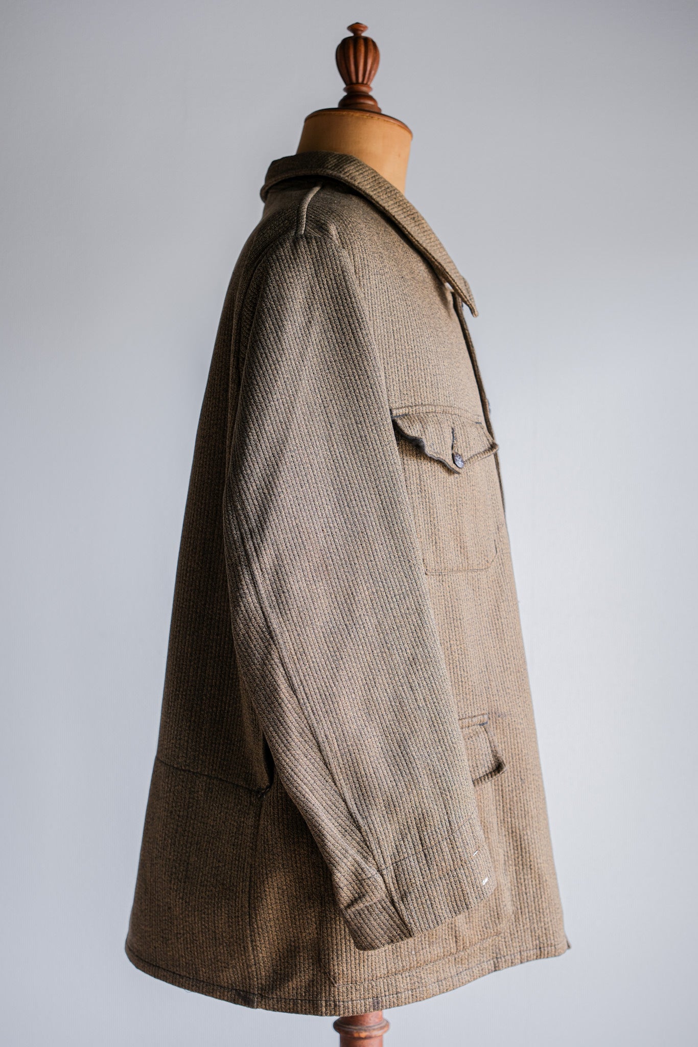 ［~60's］French Vintage Brown Salt & Pepper Cotton Pique Hunting Jacket With Chin Strap