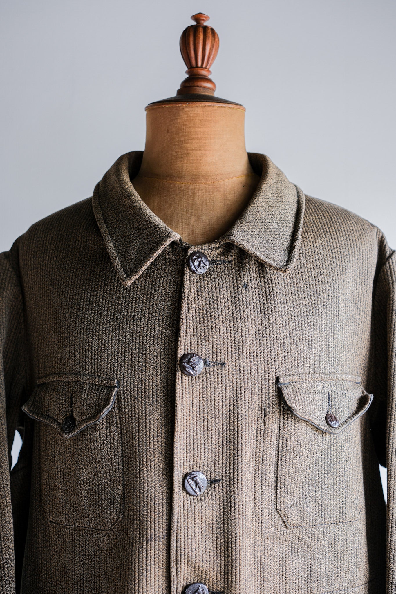 ［~60's］French Vintage Brown Salt & Pepper Cotton Pique Hunting Jacket With Chin Strap
