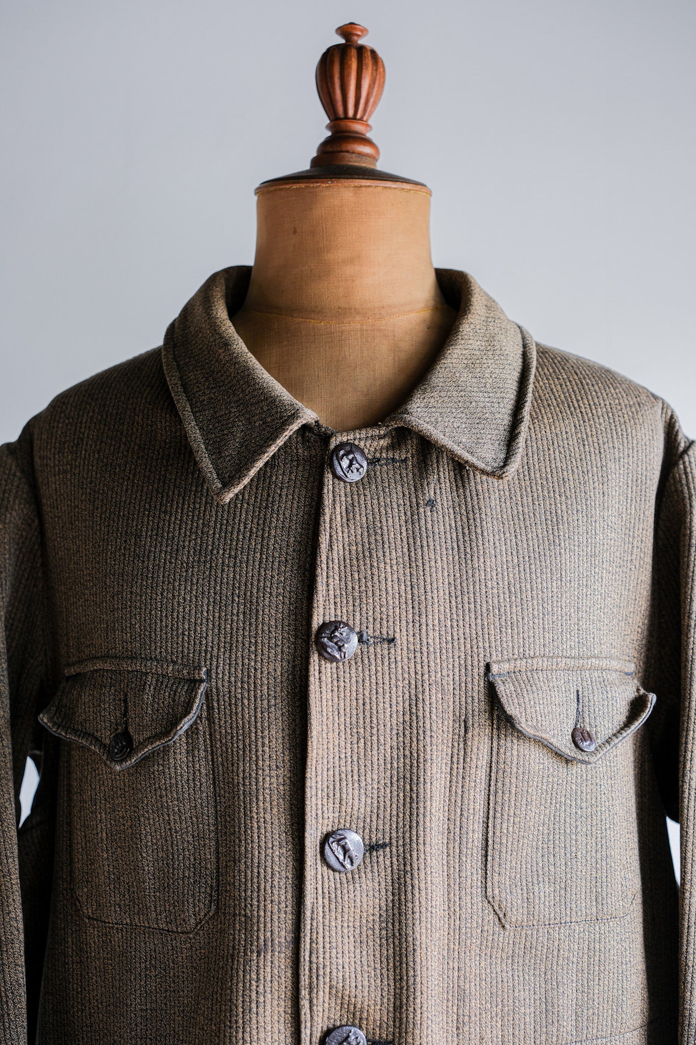 [~ 60's] French Vintage Brown Salt & Pepper Cotton Pique Hunting Jacket with China Strap