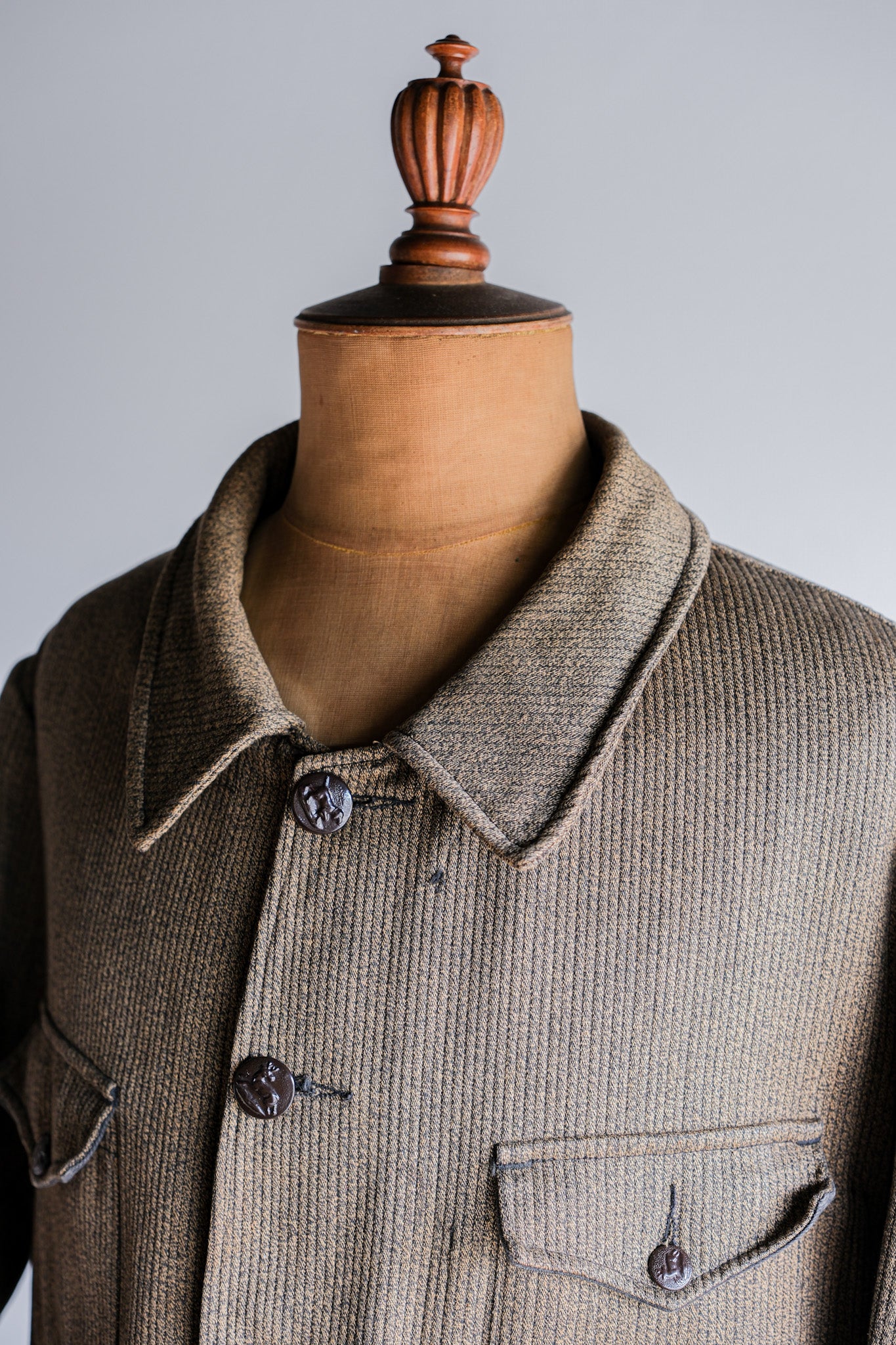 【~60's】French Vintage Brown Salt & Pepper Cotton Pique Hunting Jacket With Chin Strap