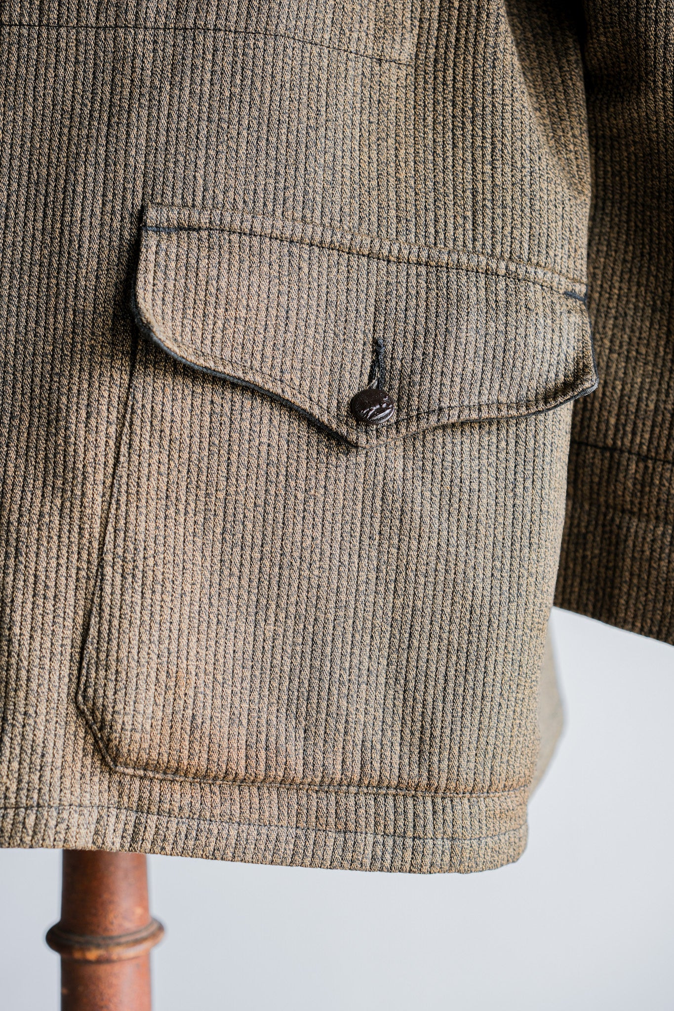 ［~60's］French Vintage Brown Salt & Pepper Cotton Pique Hunting Jacket With Chin Strap
