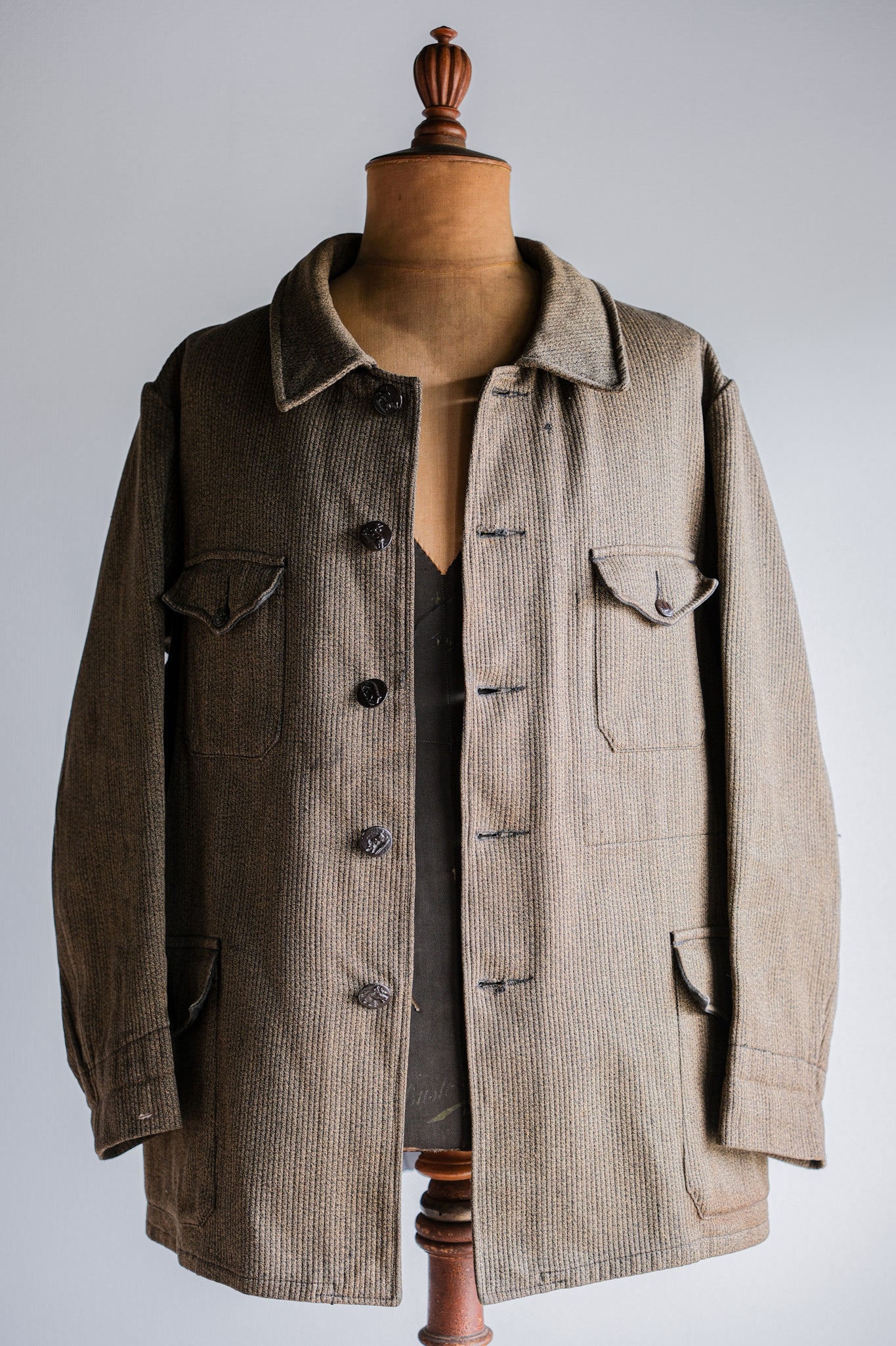 ［~60's］French Vintage Brown Salt & Pepper Cotton Pique Hunting Jacket With Chin Strap