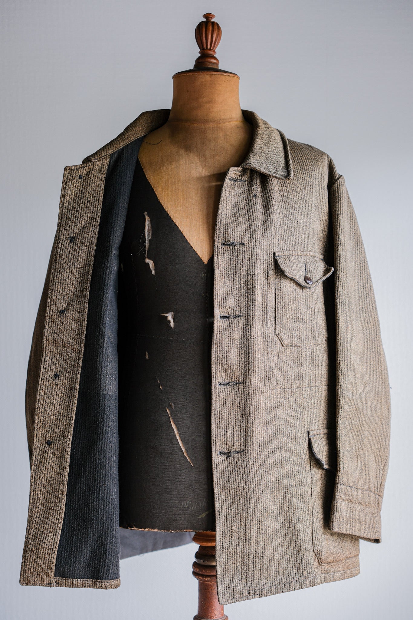 ［~60's］French Vintage Brown Salt & Pepper Cotton Pique Hunting Jacket With Chin Strap