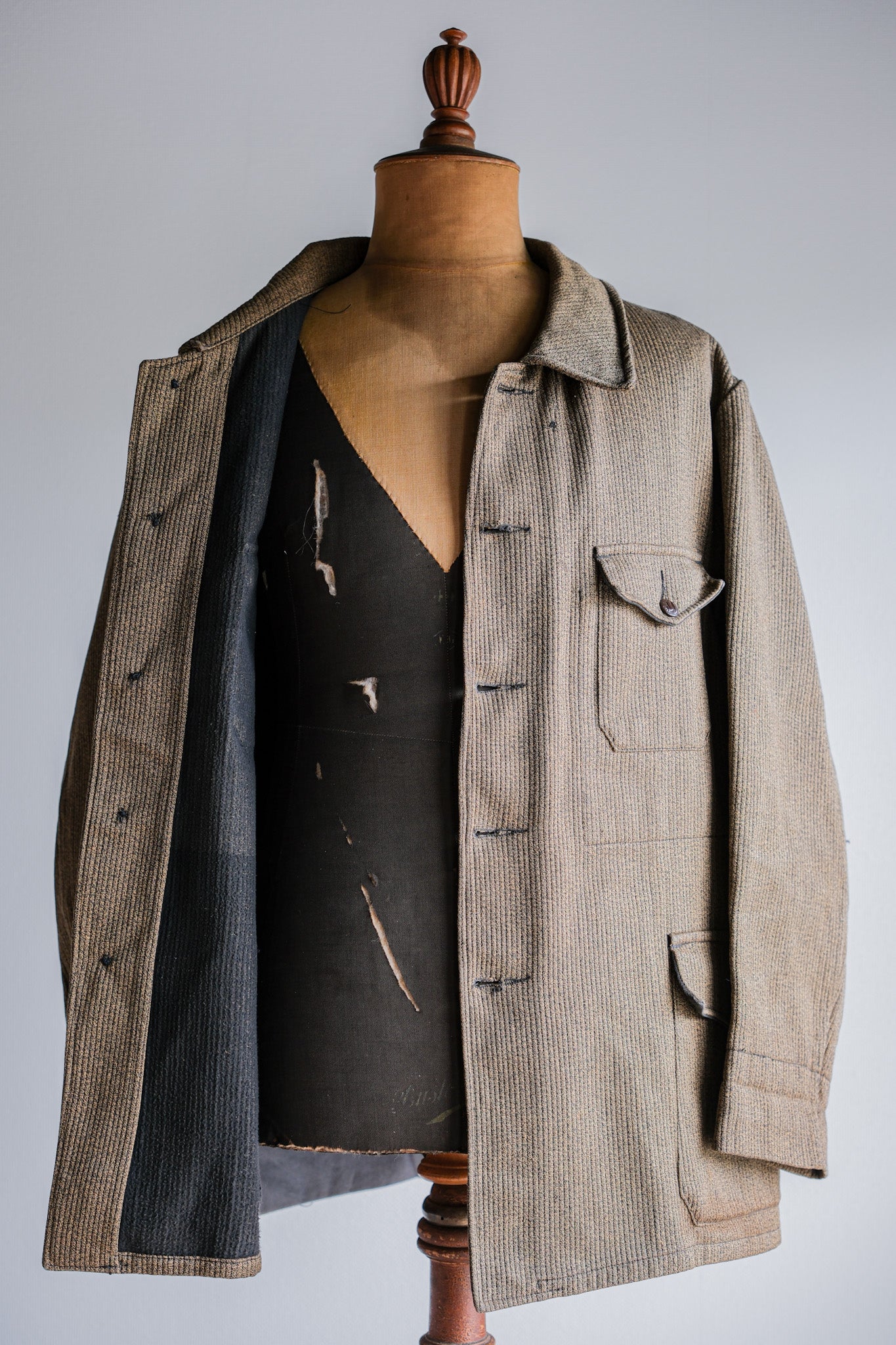 【~60's】French Vintage Brown Salt & Pepper Cotton Pique Hunting Jacket With Chin Strap