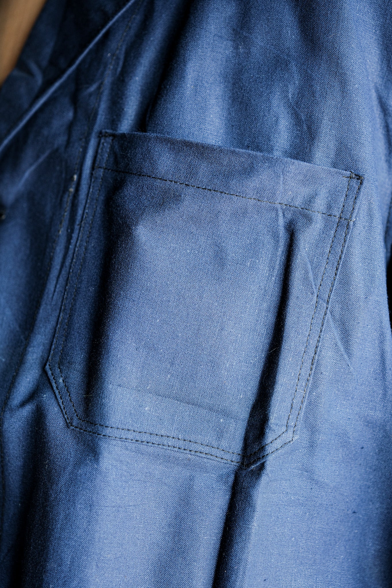 [~ 50's] French Vintage Blue Linen Lapel Work Jacket "Dead Stock"
