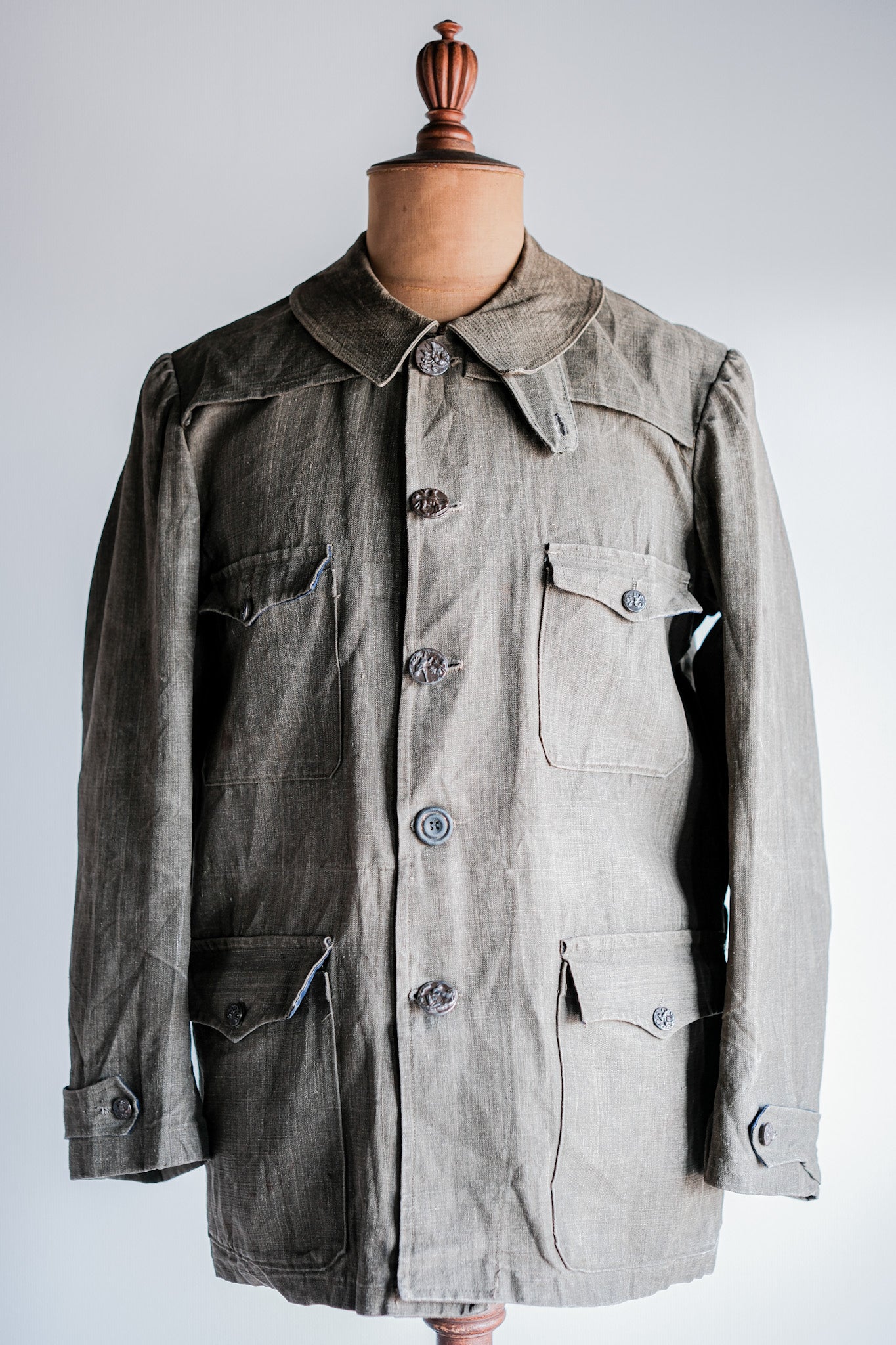 ［~20's］French Vintage Linen Canvas Hunting Jacket With Chin Strap