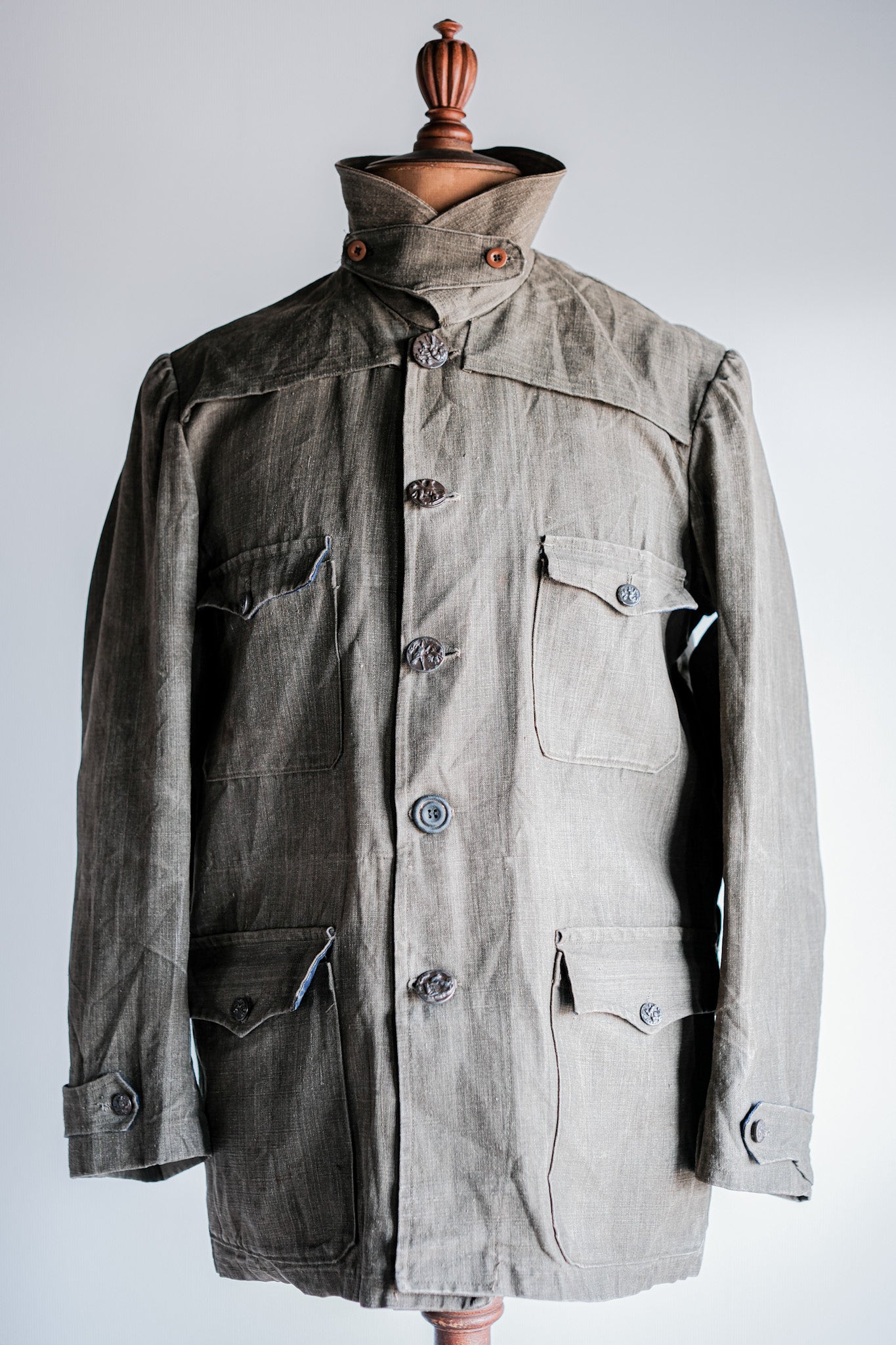 ［~20's］French Vintage Linen Canvas Hunting Jacket With Chin Strap