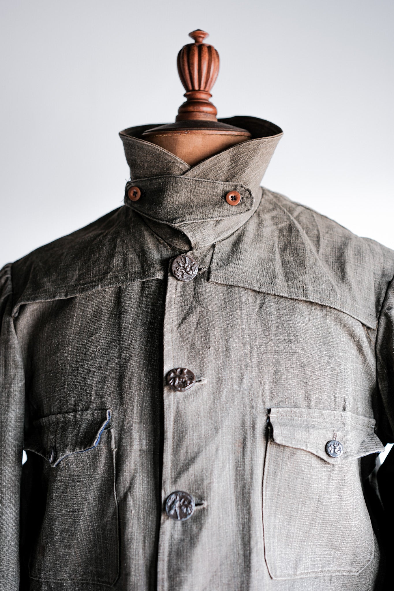 ［~20's］French Vintage Linen Canvas Hunting Jacket With Chin Strap