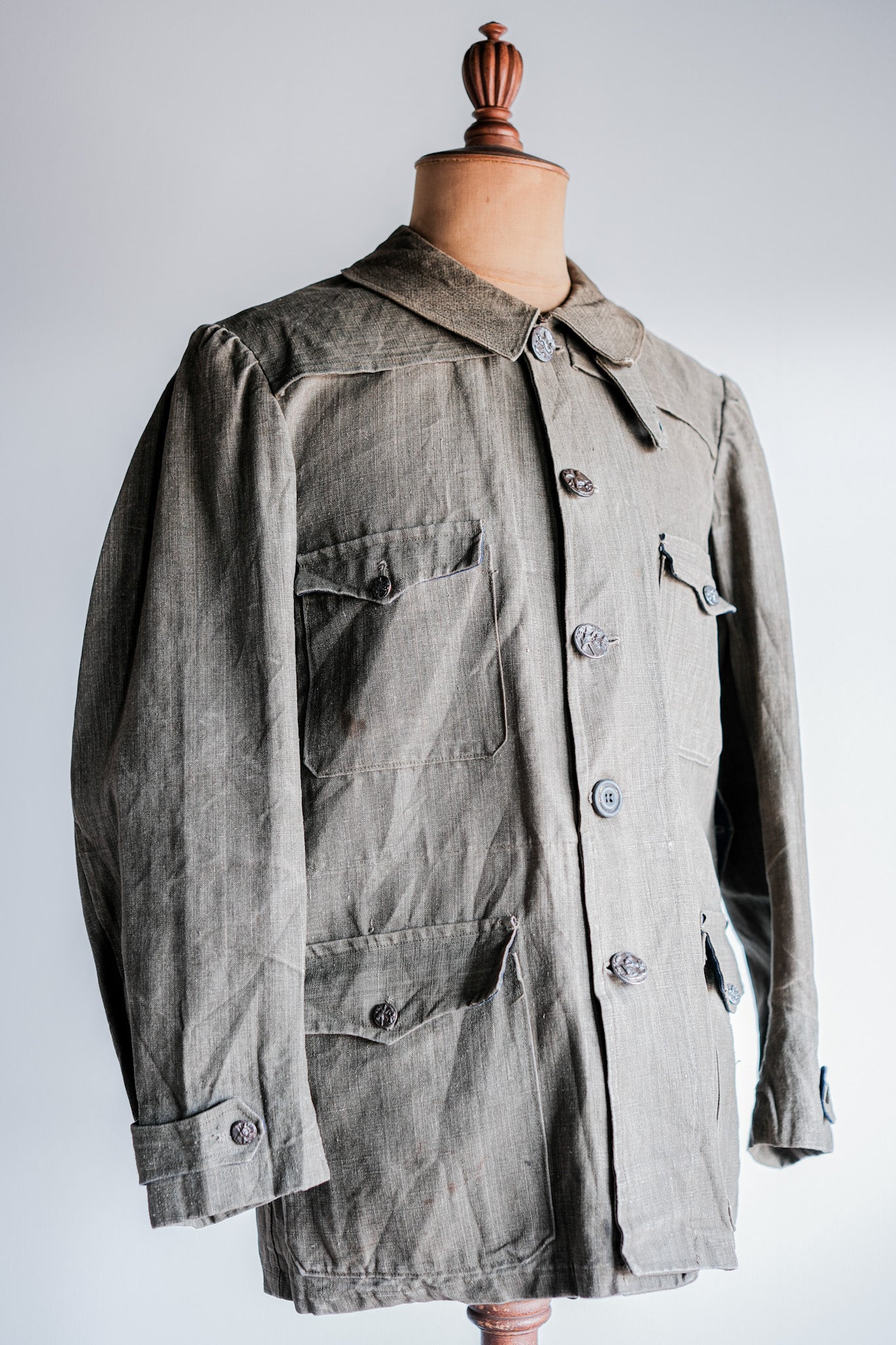 ［~20's］French Vintage Linen Canvas Hunting Jacket With Chin Strap