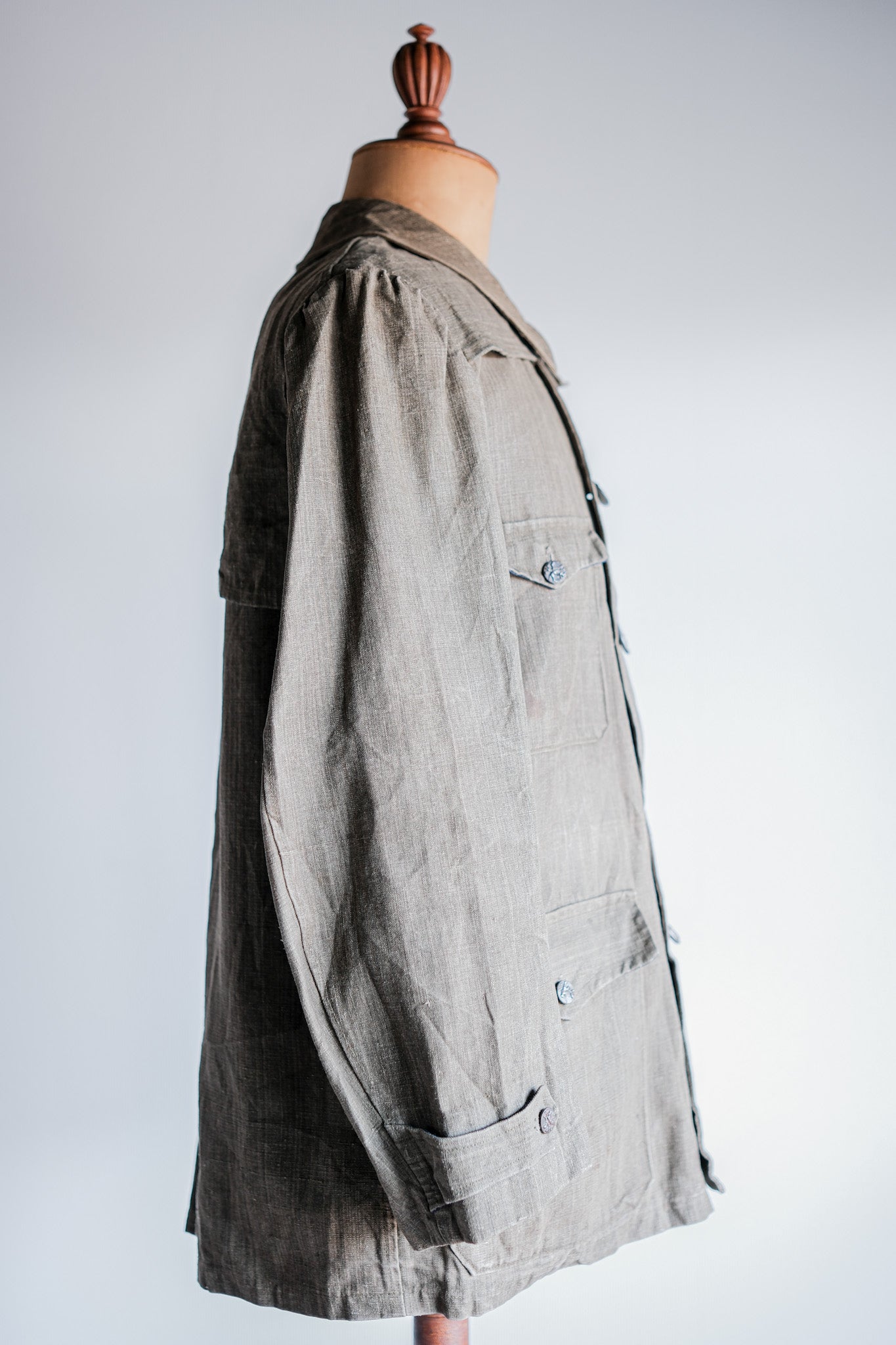 ［~20's］French Vintage Linen Canvas Hunting Jacket With Chin Strap