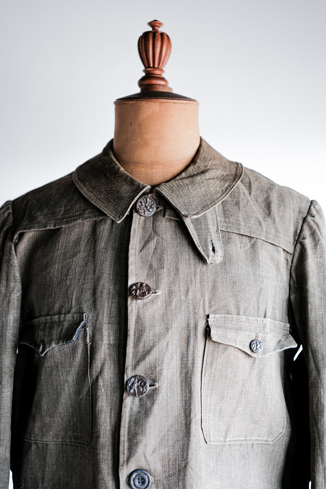 ［~20's］French Vintage Linen Canvas Hunting Jacket With Chin Strap