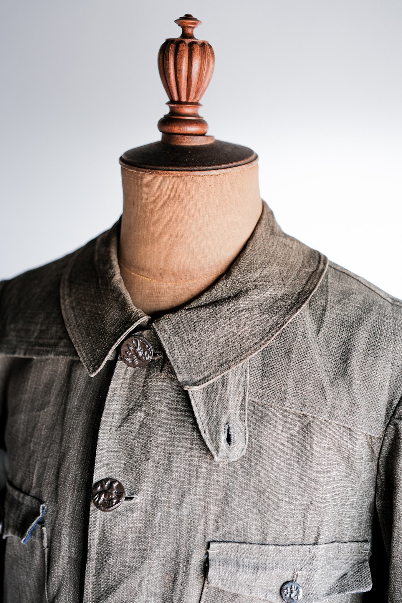 ［~20's］French Vintage Linen Canvas Hunting Jacket With Chin Strap