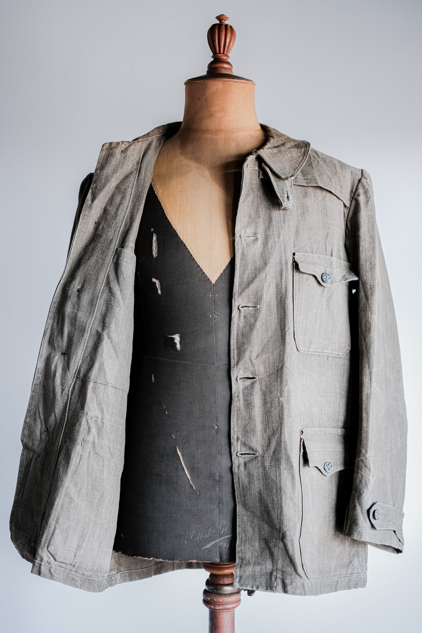 ［~20's］French Vintage Linen Canvas Hunting Jacket With Chin Strap