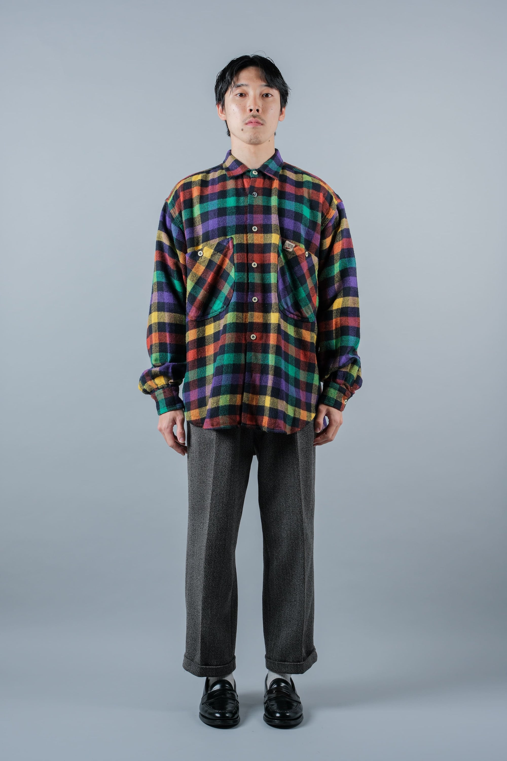 ［~80's］Italian Vintage Mixed Wool Rainbow Plaid Shirt Size.MEDIUM