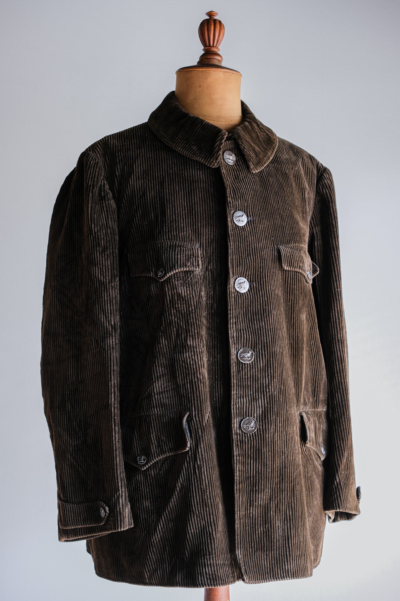 【~40's】French Vintage Brown Corduroy Hunting Jacket "Black Moleskin Lining"