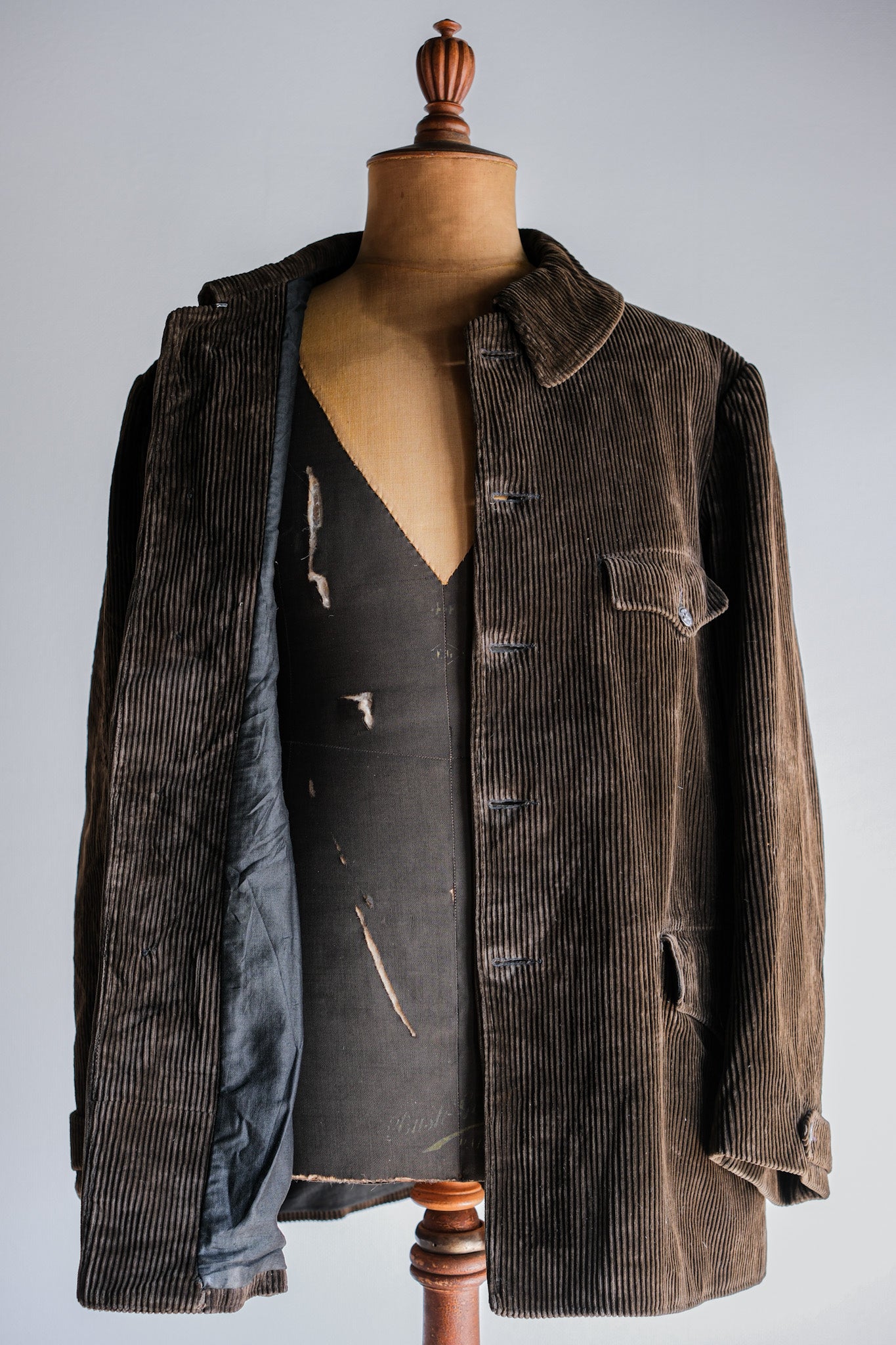 【~40's】French Vintage Brown Corduroy Hunting Jacket "Black Moleskin Lining"