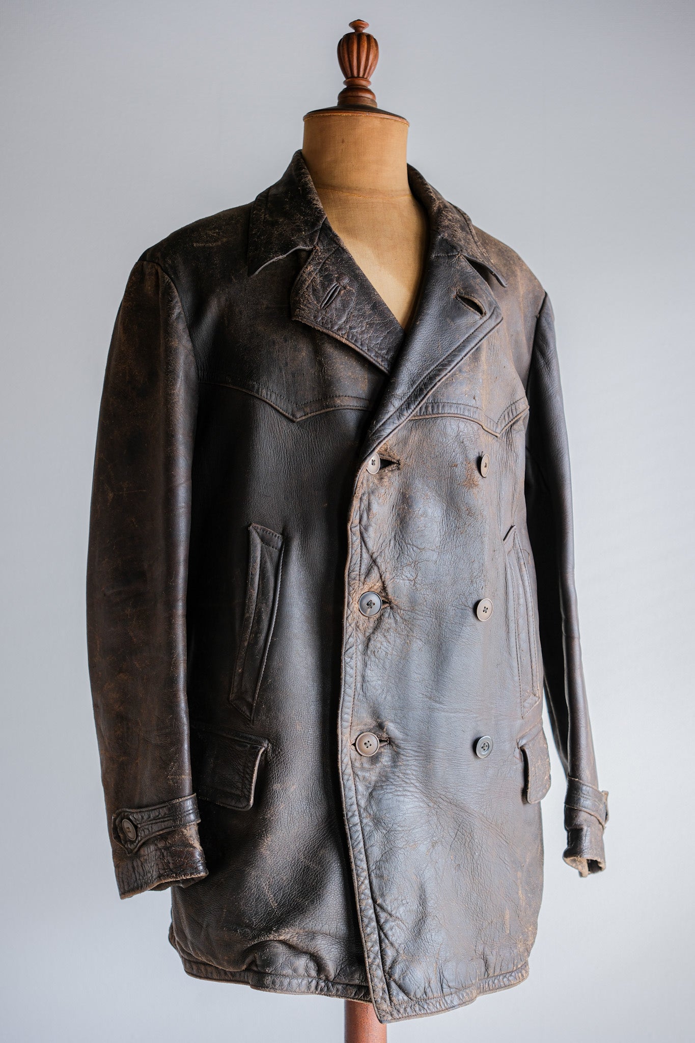 【~40's】WWⅡ German Hitler-Jugend Double Breasted Motorcycle Leather Jacket