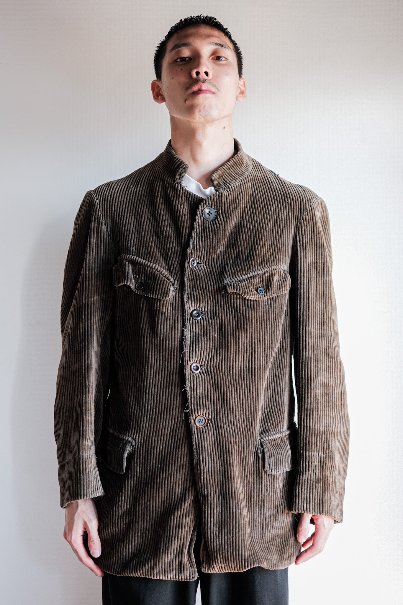 【~30’s】French Vintage Brown Corduroy Stand Collar Work Jacket "Unusual Pattern"