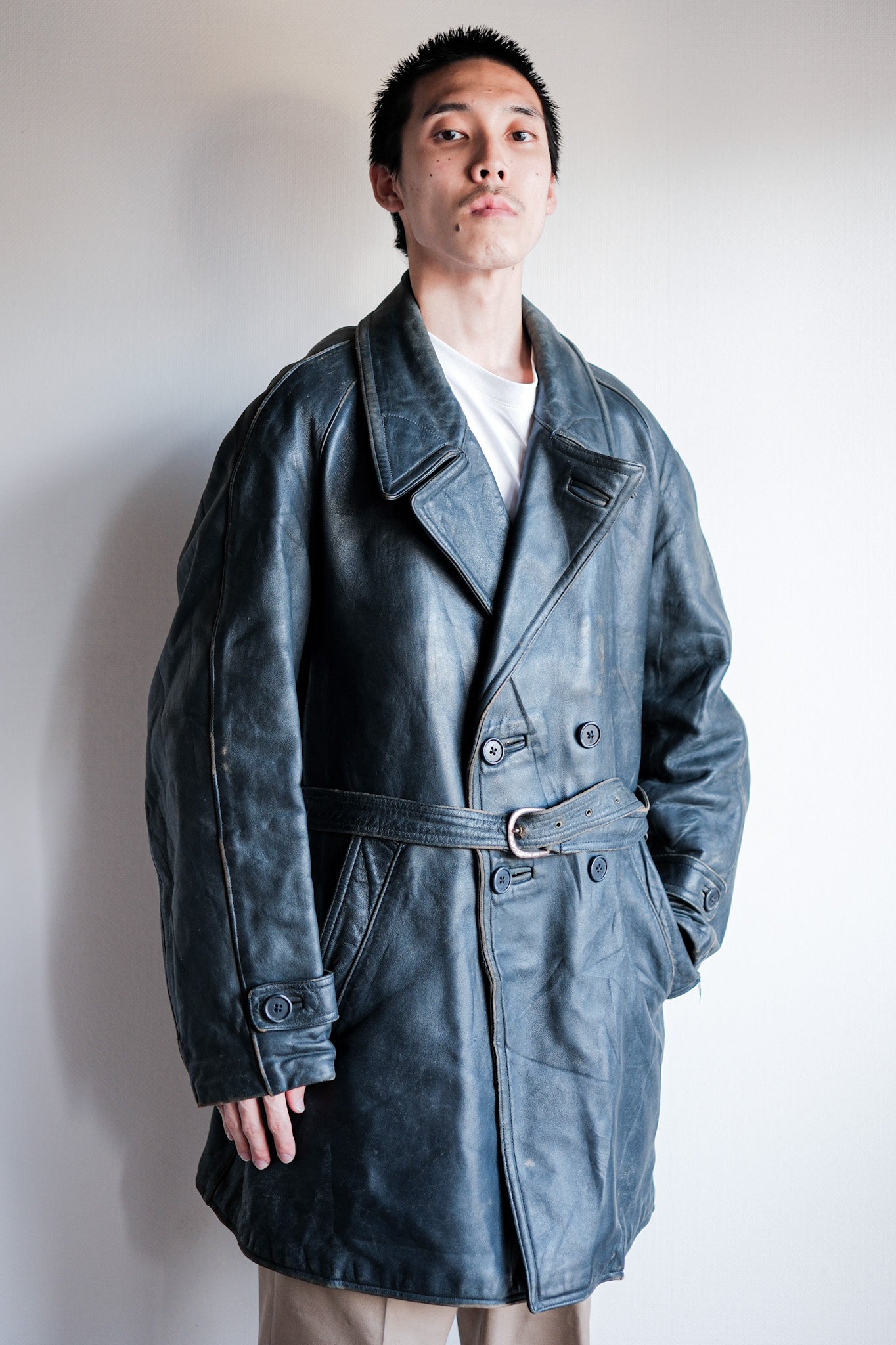 [~ 50's] French Vintage Double Breasted Leather Work COAT WITH CHITH CHIN STRAP