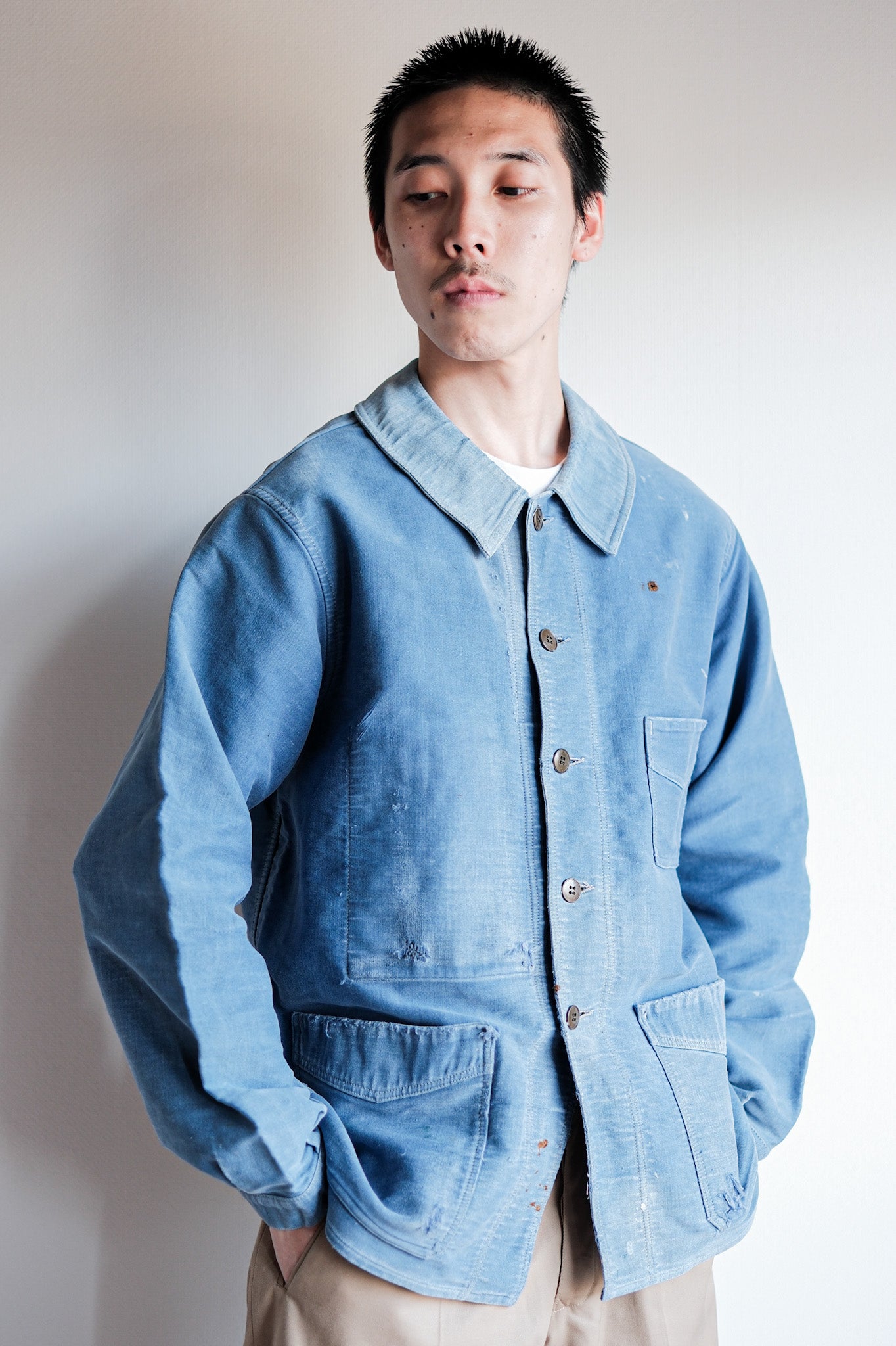 [~ 40's] French Vintage Blue Moleskin Work Jacket "Le Mont St. Michel"