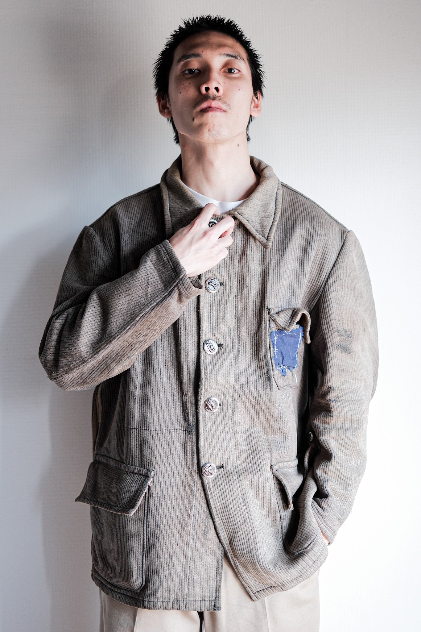 【~60's】French Vintage Brown Gray Cotton Pique Hunting Jacket Size.46