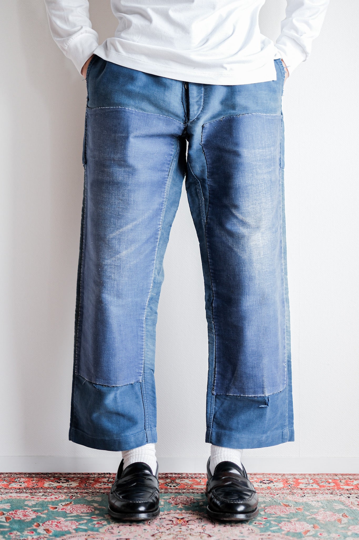 【~30's】French Vintage Blue Moleskin Work Pants "Patchwork"