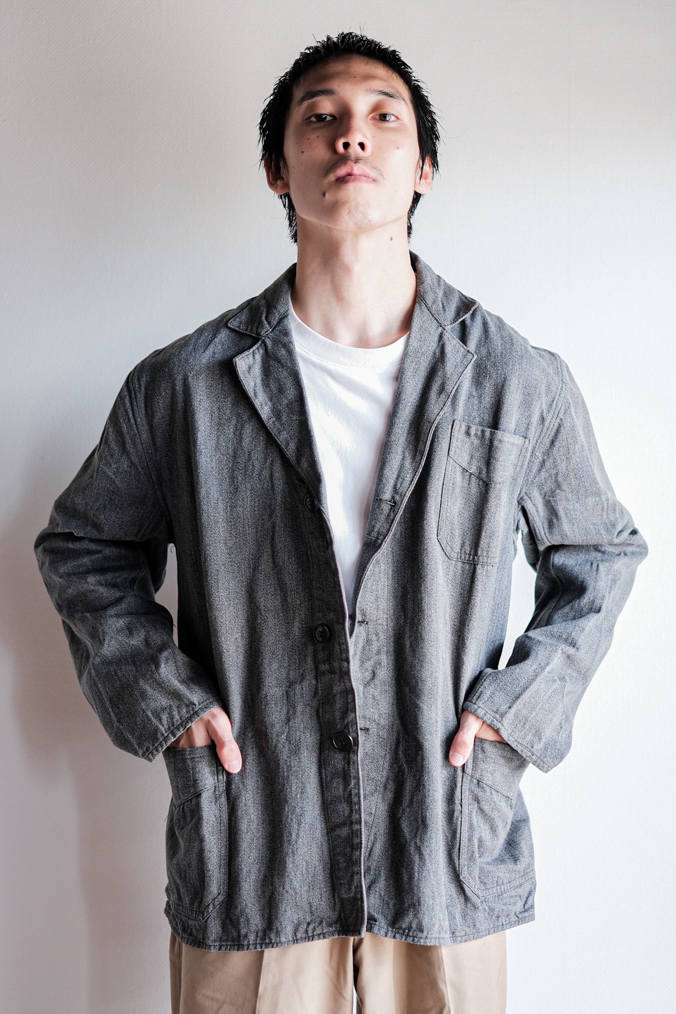 ［~40’s］French Vintage Salt & Pepper Cotton Lapel Work Jacket