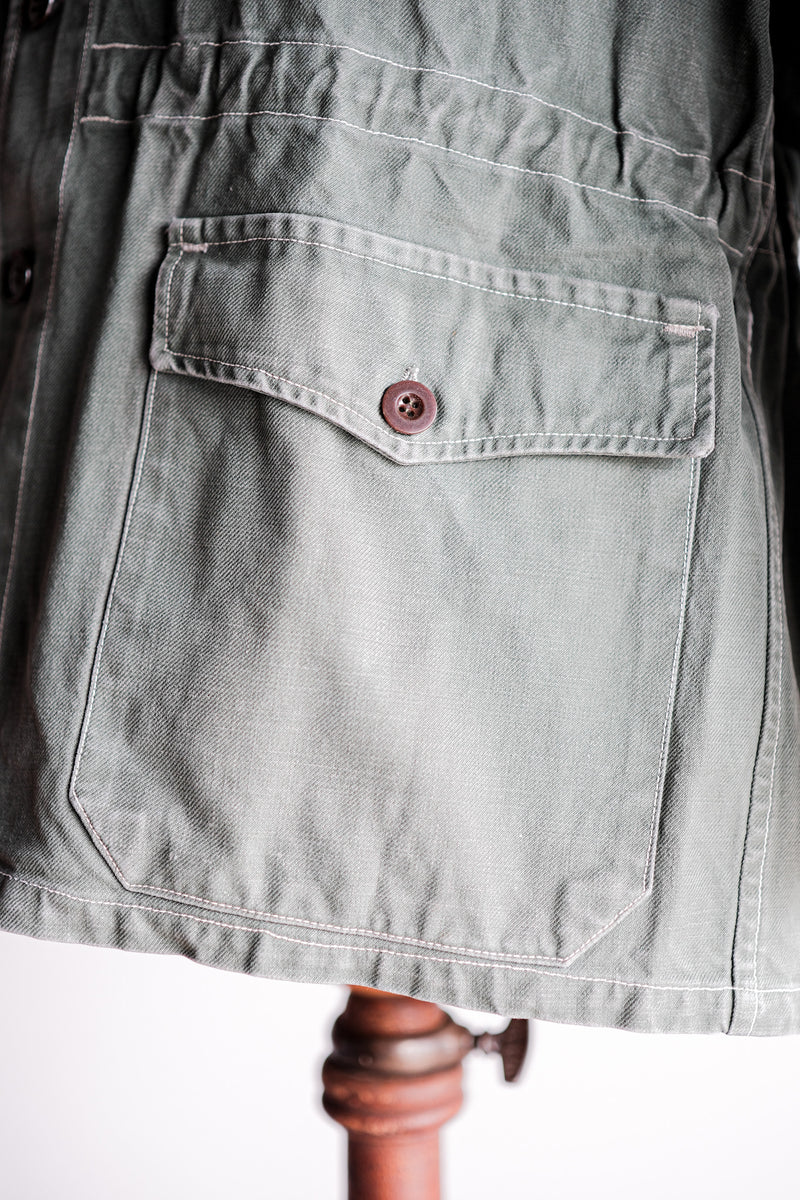 【~50's】French Vintage Green Cotton Twill 4 Pockets Work Jacket "Unusual Pattern"
