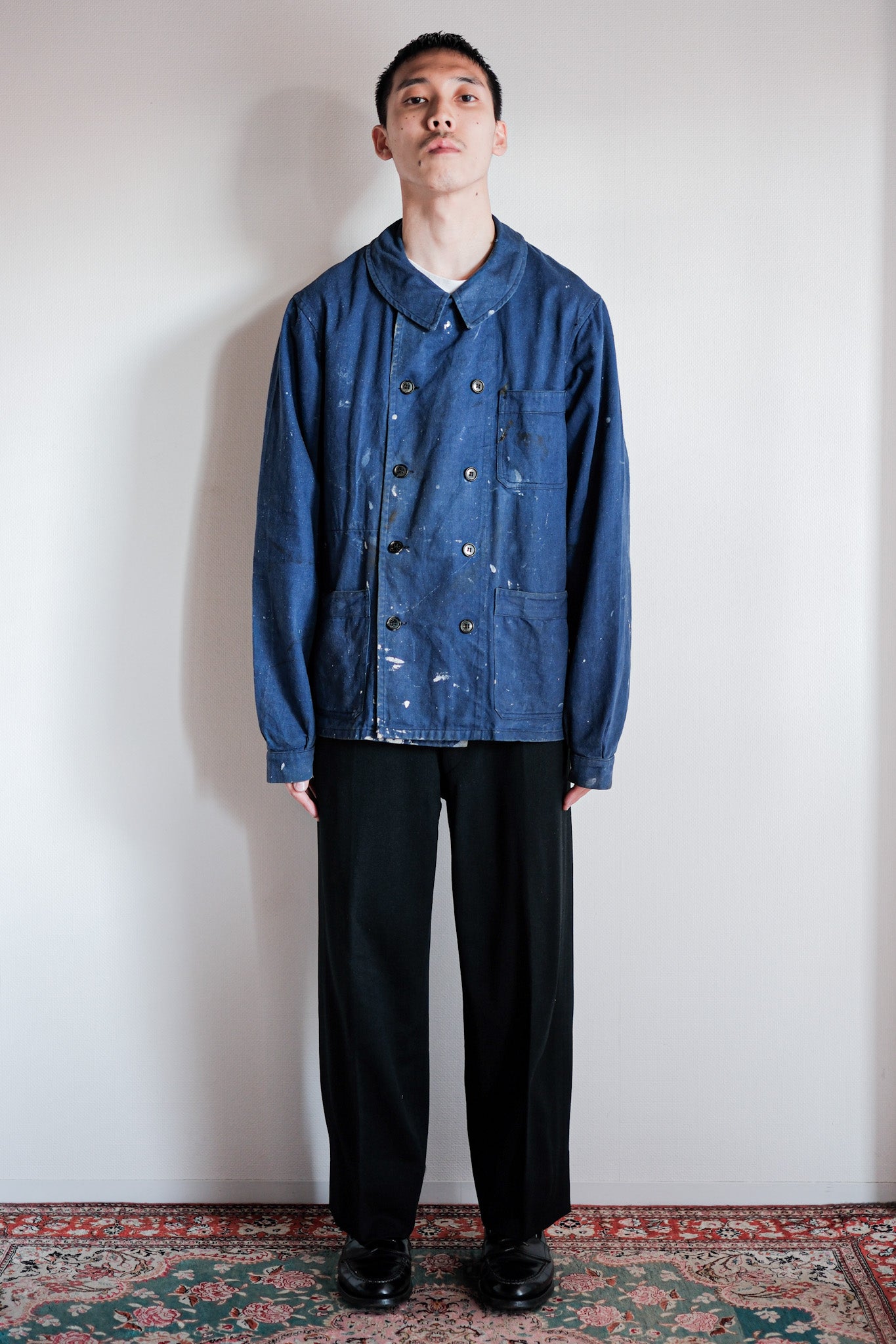 ［~50's］French Vintage Double Breasted Indigo Cotton Twill Work Jacket "Crazy Paint"