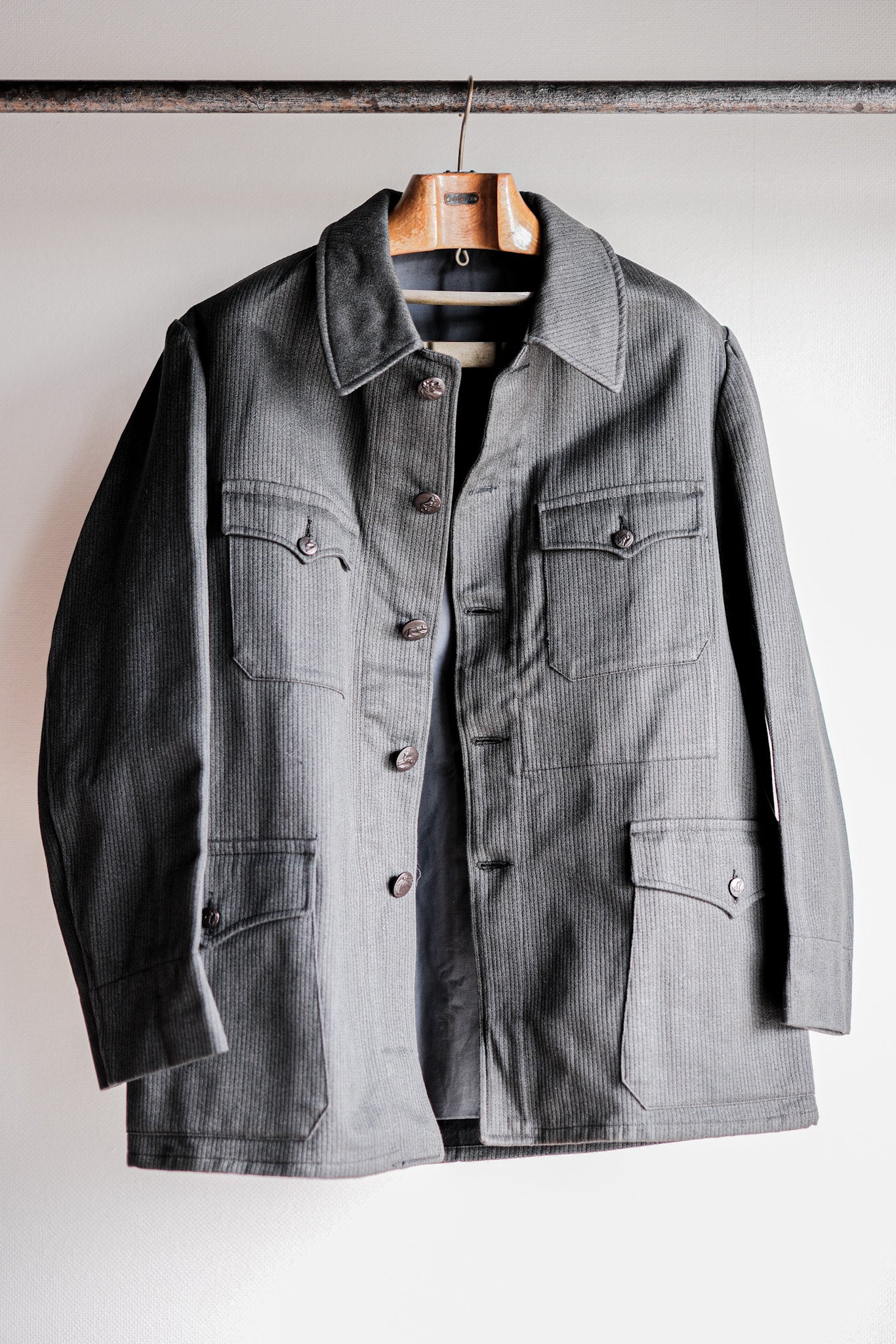 【~50's】French Vintage Gray Cotton Pique Hunting Jacket With Chin Strap "Dead Stock"