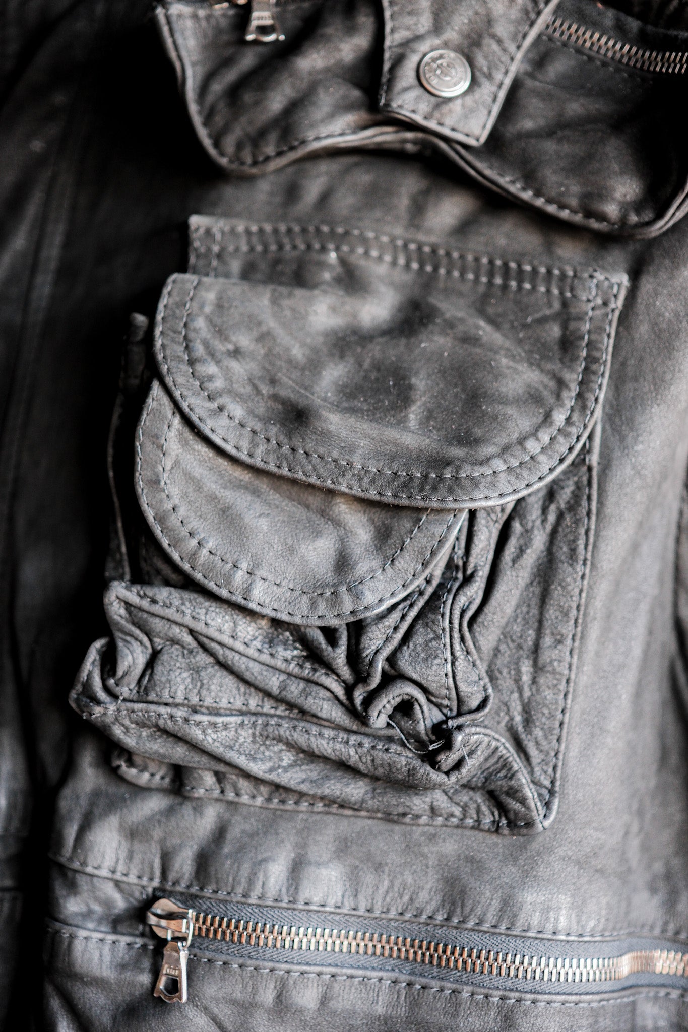 ［~90's］Old Renoma Paris Black Leather Detachable Sleeve Multi Pocket Jacket Size.M