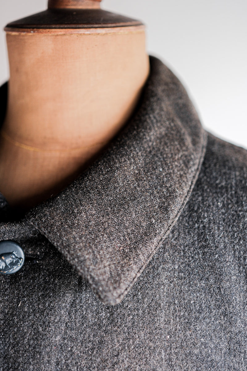 [~30's] French Vintage Grey Wool Hunting Jacket With Chin Strap "Boro"